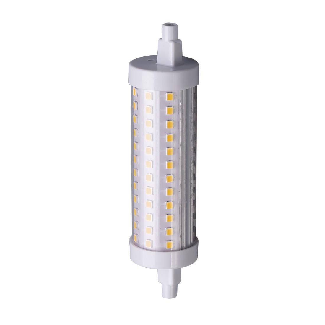 Zylindrische LED-Glühbirne mit Reihen von kleinen gelben LEDs auf weißem Hintergrund.