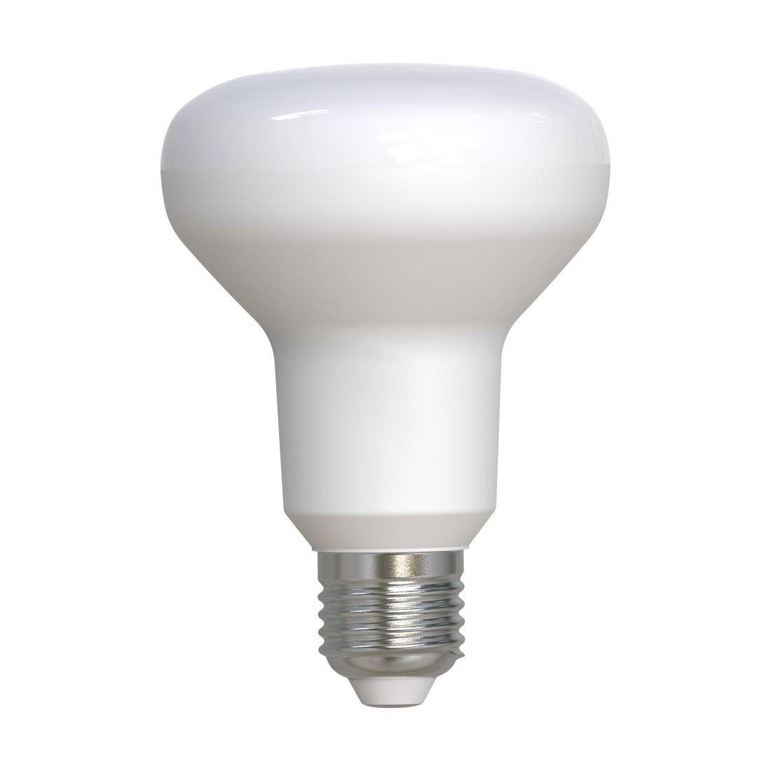Weiße LED-Glühbirne mit breiter abgerundeter Oberseite und Schraubsockel, isoliert auf neutralem Hintergrund dargestellt.