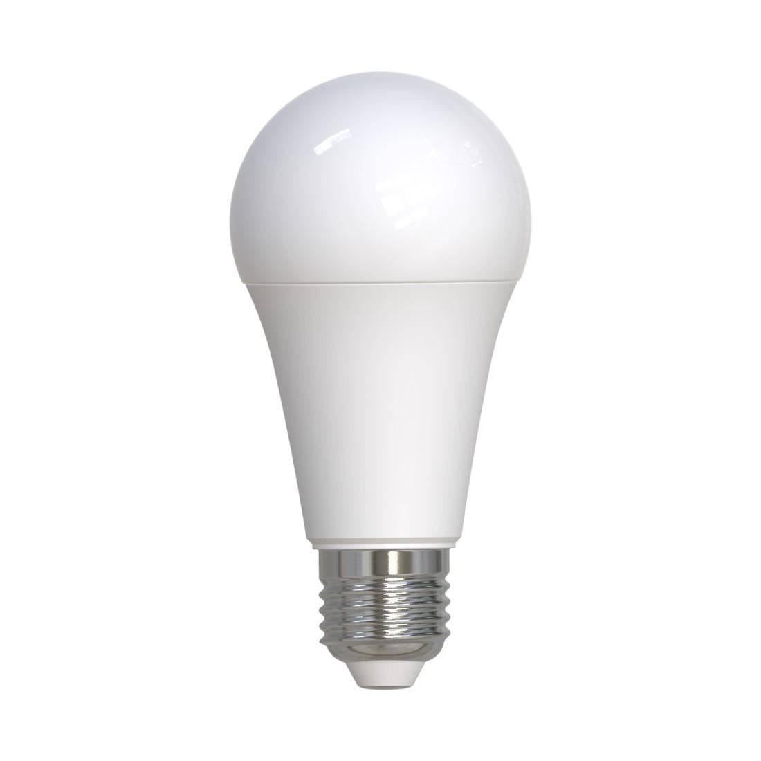 Weiße LED-Glühbirne mit Standard-Schraubsockel auf einfachem weißem Hintergrund.