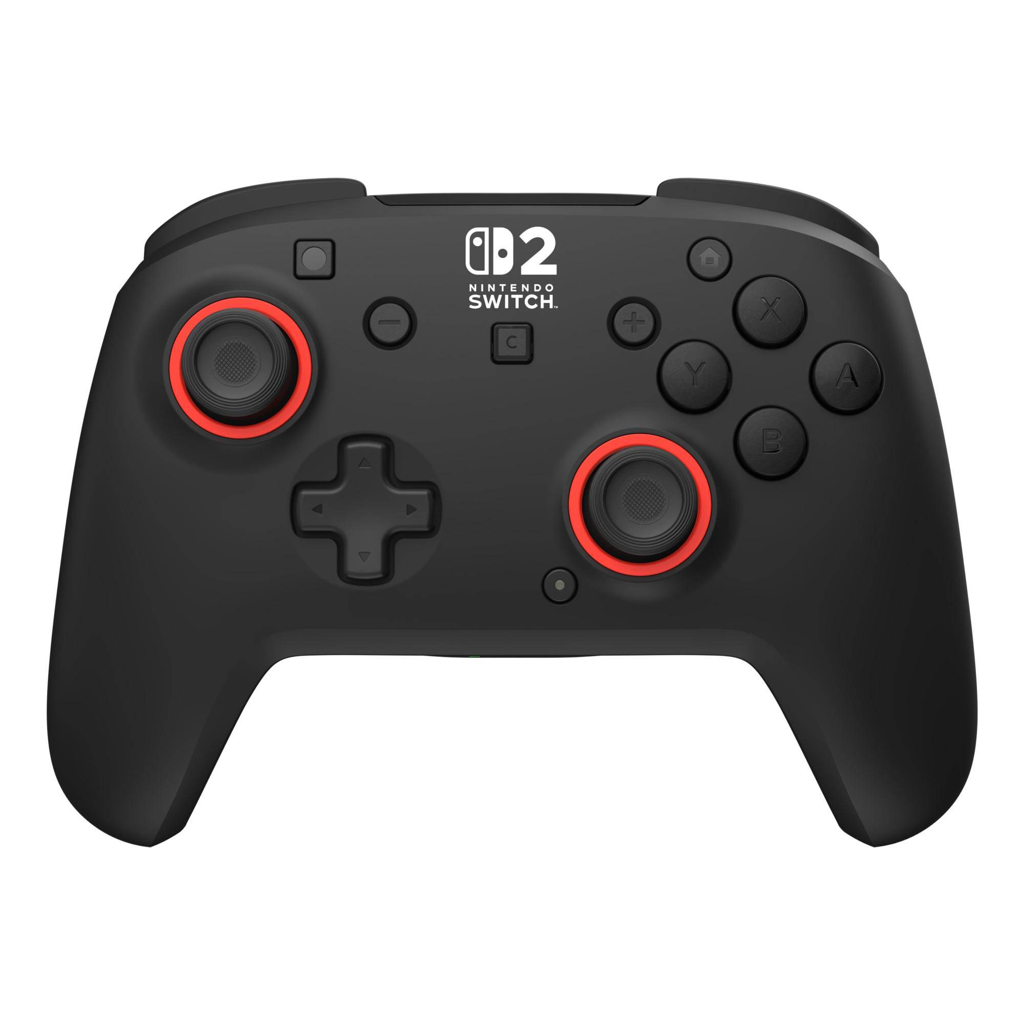 Schwarzer Nintendo Switch Pro Controller mit rot umrandeten Analogsticks, D-Pad und ABXY-Tasten auf weißem Hintergrund.