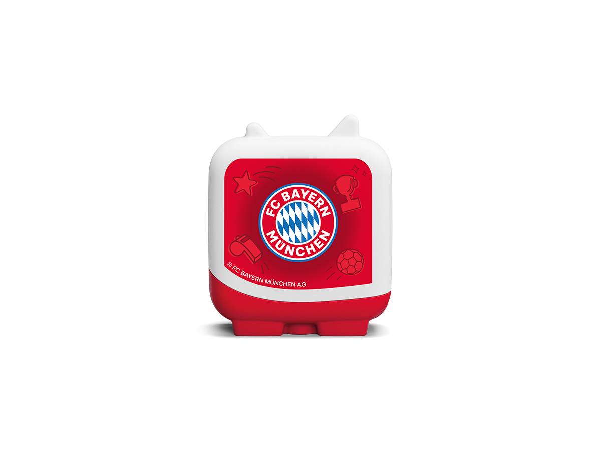 Eine rot-weiße FC Bayern München-Flasche oder ein Behälter mit dem Vereinswappen in der Mitte der Vorderseite.