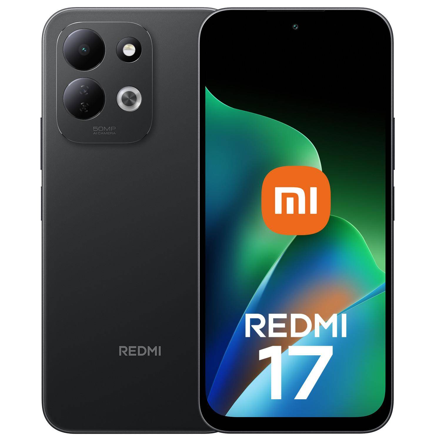 Vorder- und Rückansicht eines schwarzen Redmi 17 Smartphones, das das hintere Kameramodul und den Bildschirm des Telefons mit dem Xiaomi Mi Logo zeigt.