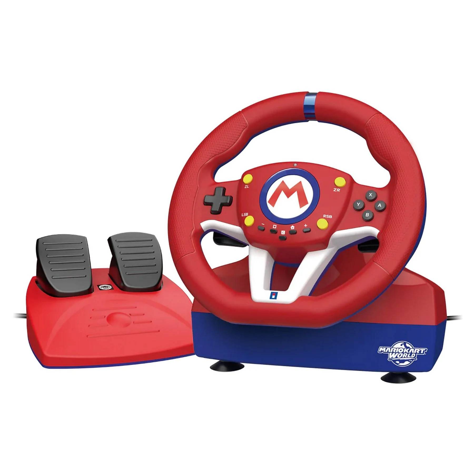 Mario Kart Rennlenkrad und Pedalregler für eine Spielkonsole, rot und blau mit Mario-Logo und integrierten Tasten.