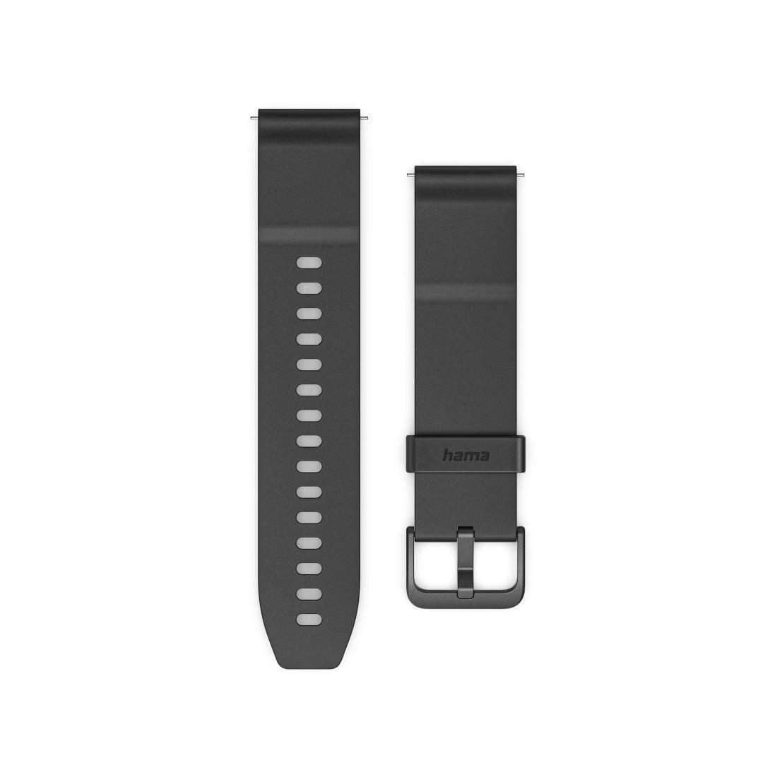 Zwei schwarze Silikon-Uhrenarmbänder nebeneinander, eines mit mehreren Verstelllöchern und eines mit einer Schnallenschließe mit der Kennzeichnung „hama