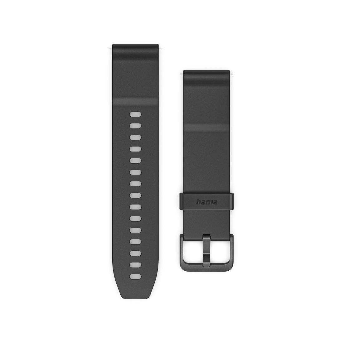 Schwarzes Silikonarmband mit Schnalle und verstellbaren Löchern, von vorne und hinten auf weißem Hintergrund gezeigt.