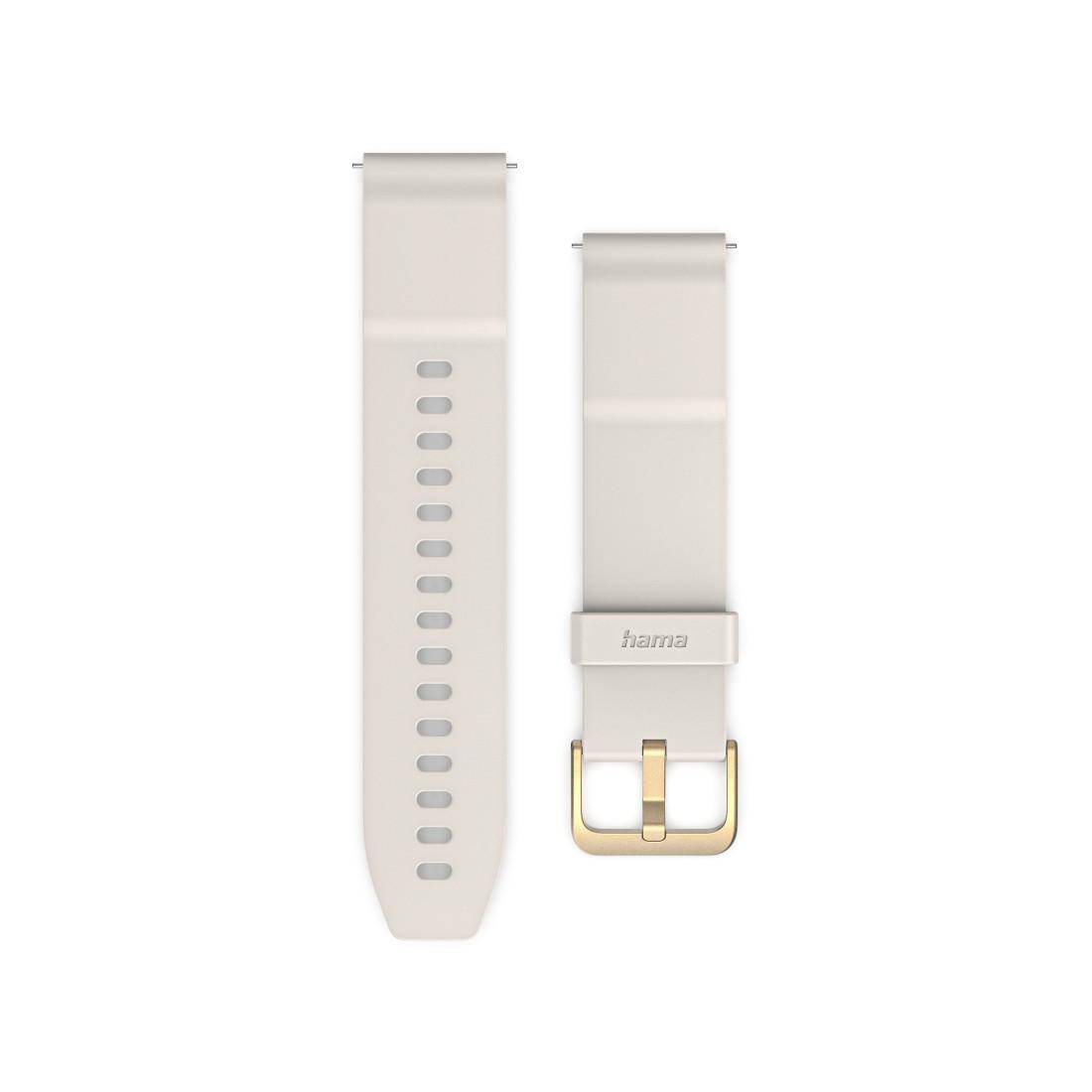 Zwei weiße Silikon-Uhrenarmbänder nebeneinander gezeigt, eines mit einer Reihe von Verstelllöchern und eines mit einer goldenen Schnalle und 