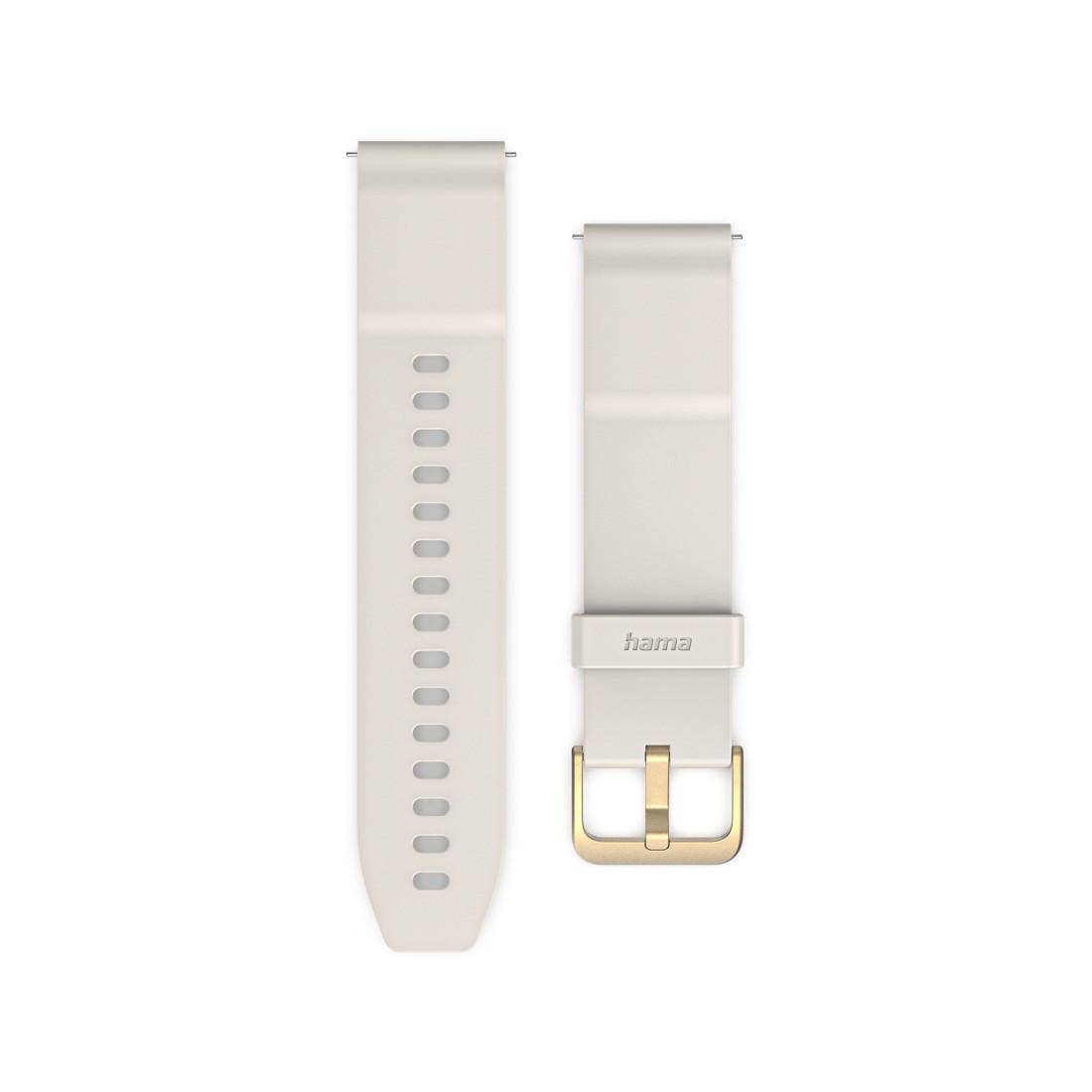Zwei beige Silikonuhrenarmbänder, eines mit einer goldenen Schließe und Hama-Branding, nebeneinander auf weißem Hintergrund gezeigt.