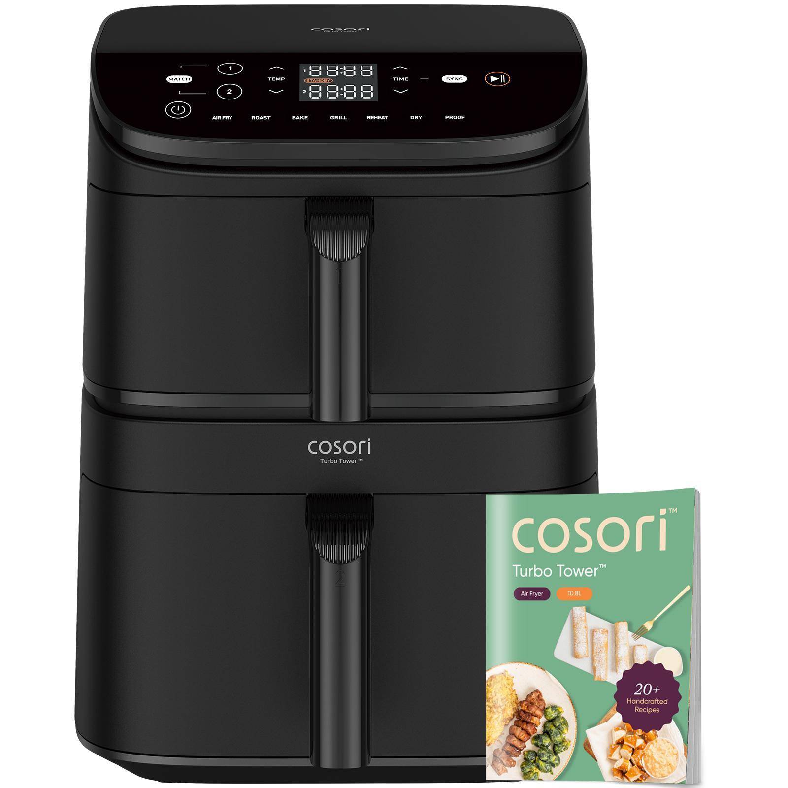 Schwarze Cosori-Heißluftfritteuse mit zwei gestapelten Auszugskörben und digitalen Bedienelementen, gezeigt mit einer Turbo Tower-Zubehörbox unten rechts.
