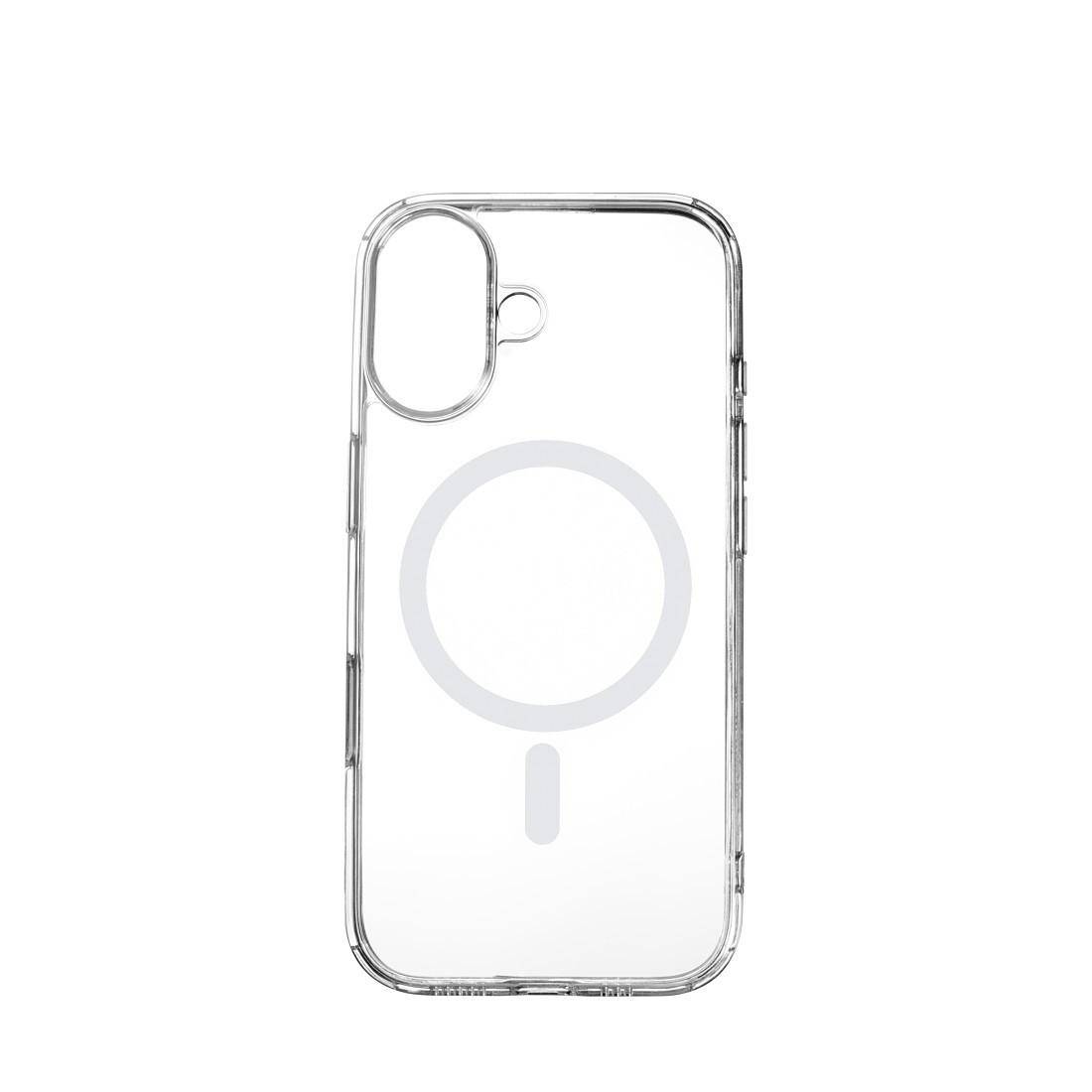Transparente Smartphone-Hülle mit großem MagSafe-ähnlichem Ring und Kameraausschnitt, auf weißem Hintergrund dargestellt.