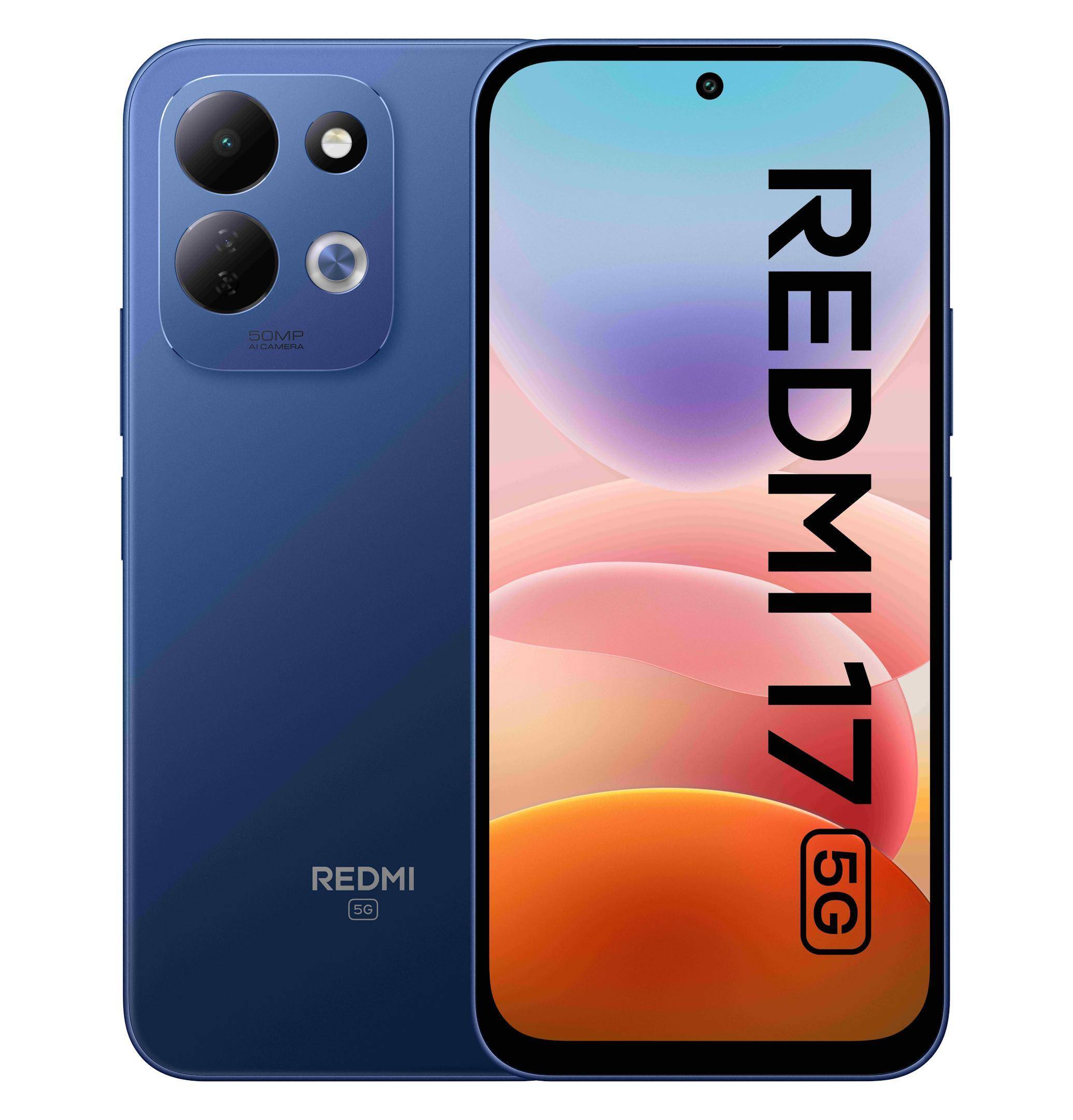 Blaues Redmi 17 5G Smartphone in Front- und Rückansicht, mit dreifacher Rückfahrtkamera und einem Display mit der Aufschrift 
