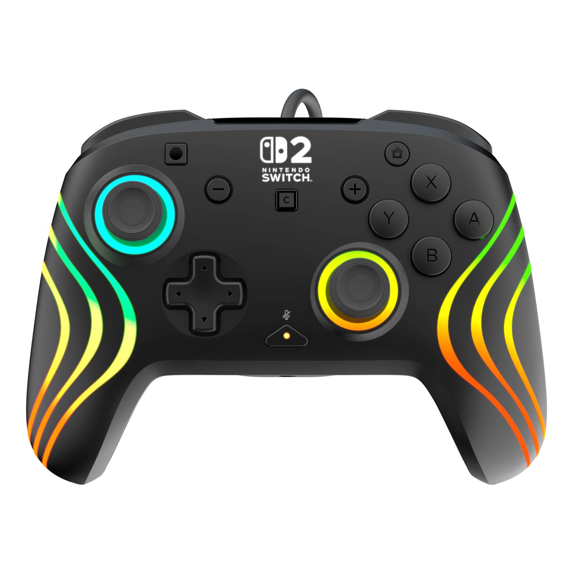 Schwarzer Nintendo Switch 2-Controller mit neongrünen, gelben und orangefarbenen Wellen-Akzenten und leuchtenden Analog-Sticks.