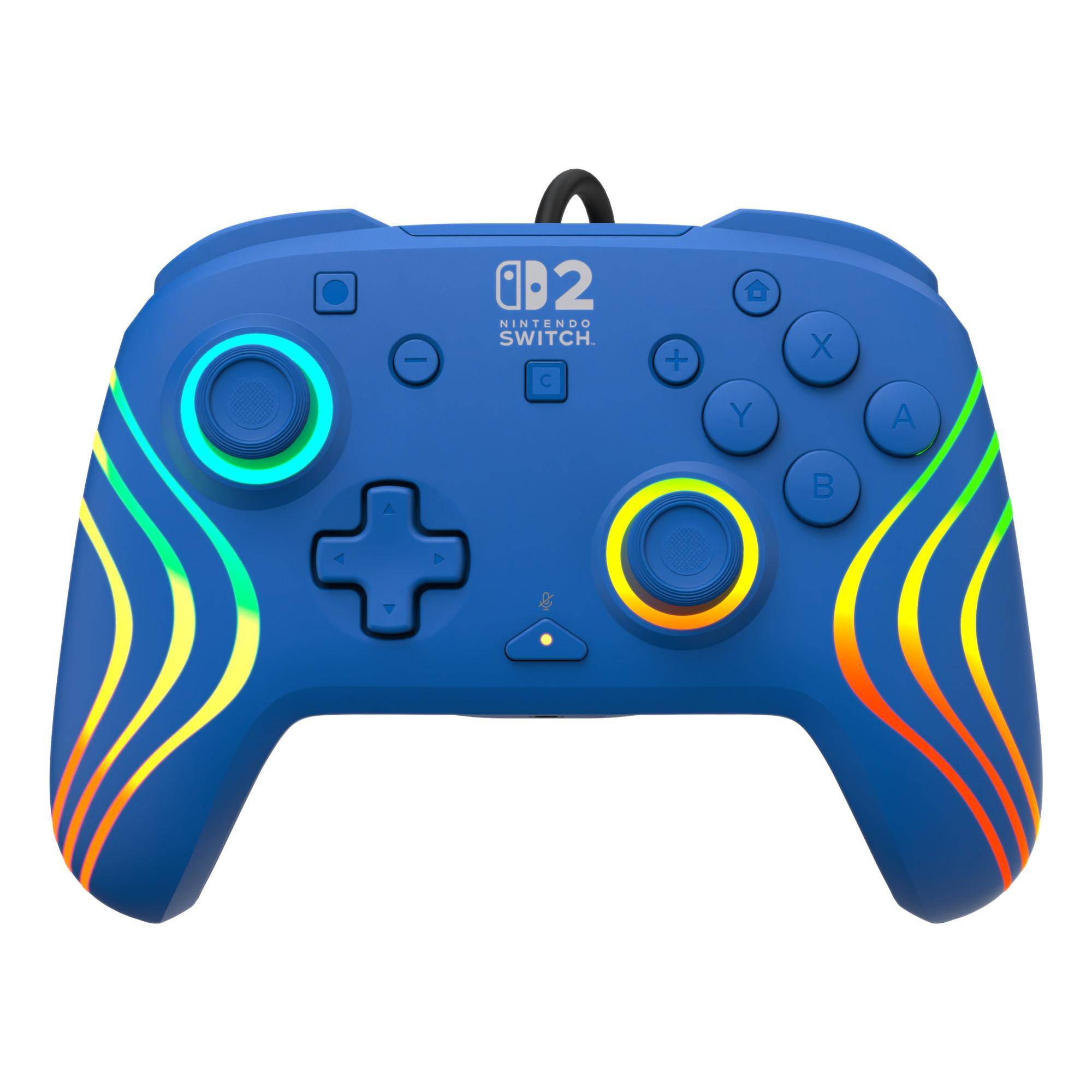 Blauer Nintendo Switch 2 Spielcontroller mit Neon-Wellen-Akzenten, doppelten Joysticks, D-Pad und Aktionstasten auf weißem Hintergrund.