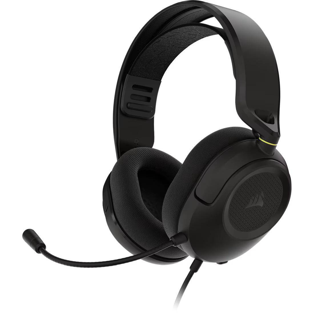 Schwarzes Over-Ear-Gaming-Headset mit gepolsterten Ohrmuscheln und angebautem Boom-Mikrofon auf weißem Hintergrund.