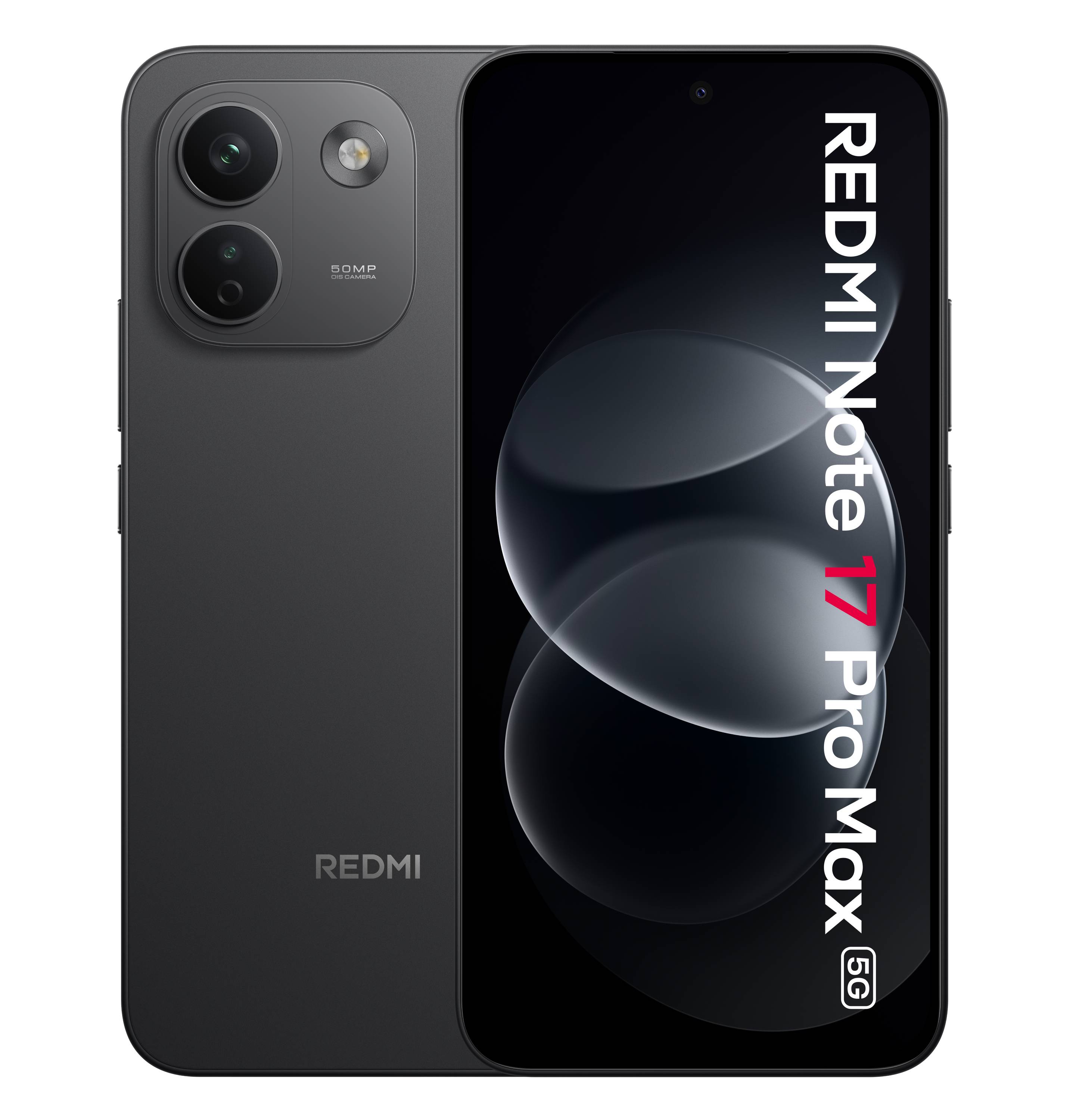 Werbebild eines Redmi Note 17 Pro Max 5G Smartphones, das die Rückseite mit Triple-Kameras und den vorderen Bildschirm mit dem Produktnamen zeigt.