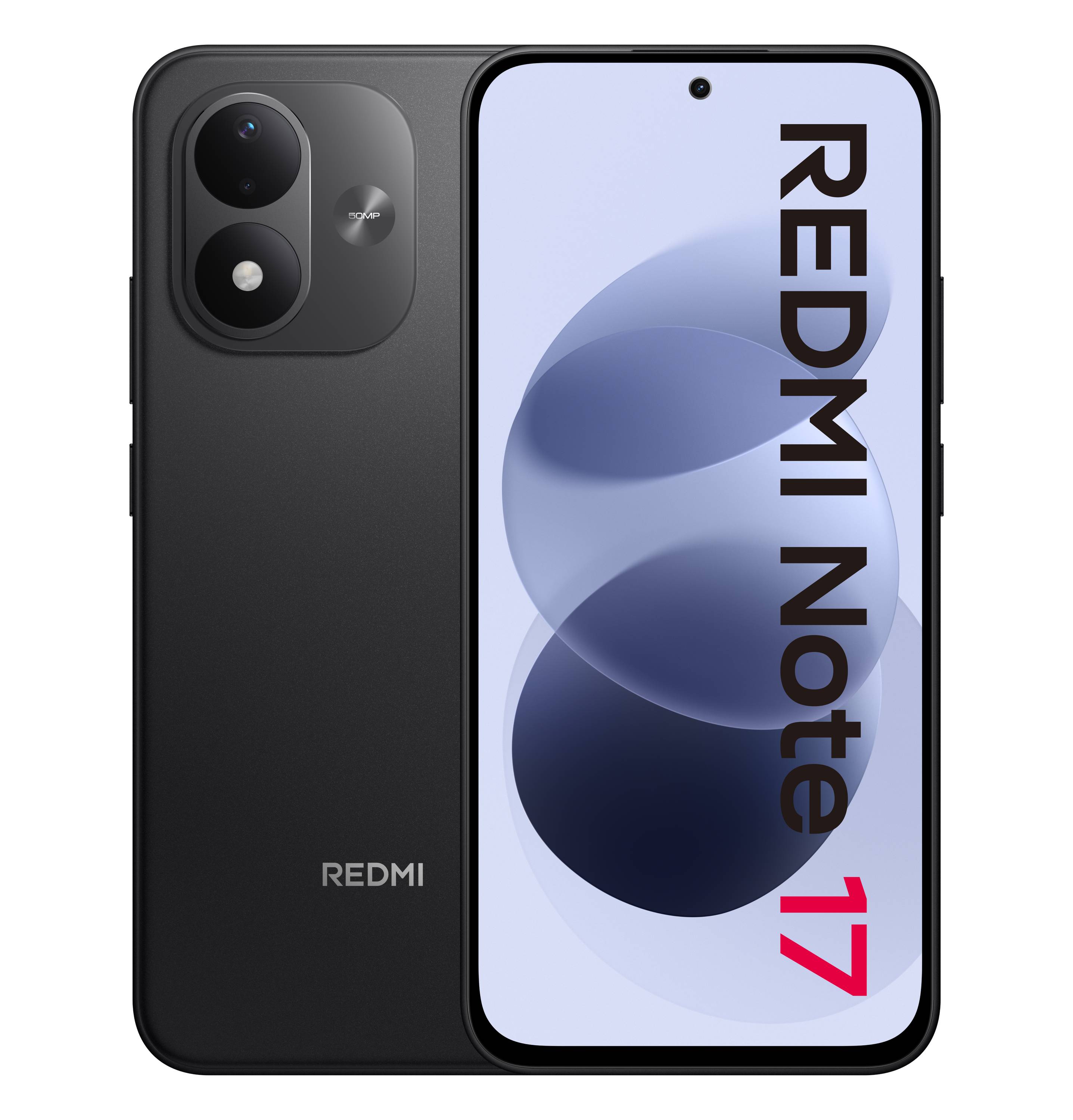 Schwarzes Redmi Note 17 Smartphone von vorne und hinten gezeigt, mit vertikalem „REDMI Note