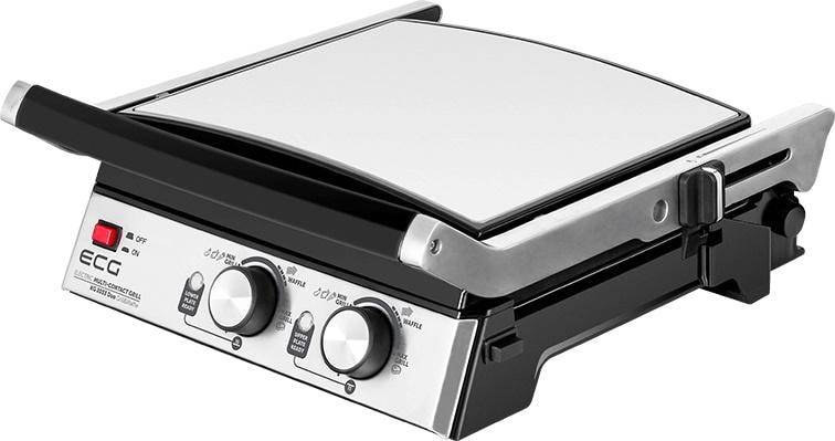 Elektrischer Tischgrill mit Edelstahldeckel, zwei Bedienknöpfen und roter Betriebsanzeige auf schwarzer Basis.