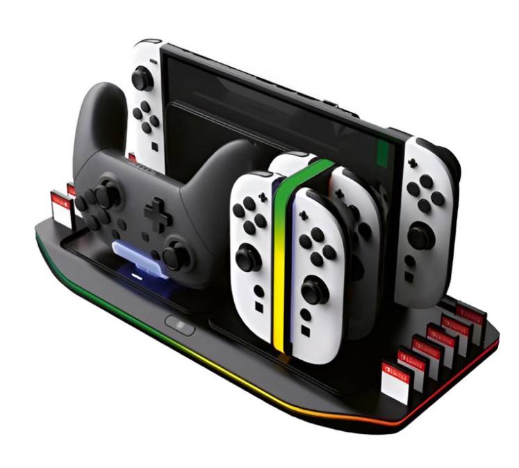 Nintendo Switch Konsolenständer mit mehreren Joy-Con-Controllern und einem Pro-Controller, angezeigt als Gaming-Zubehörständer.