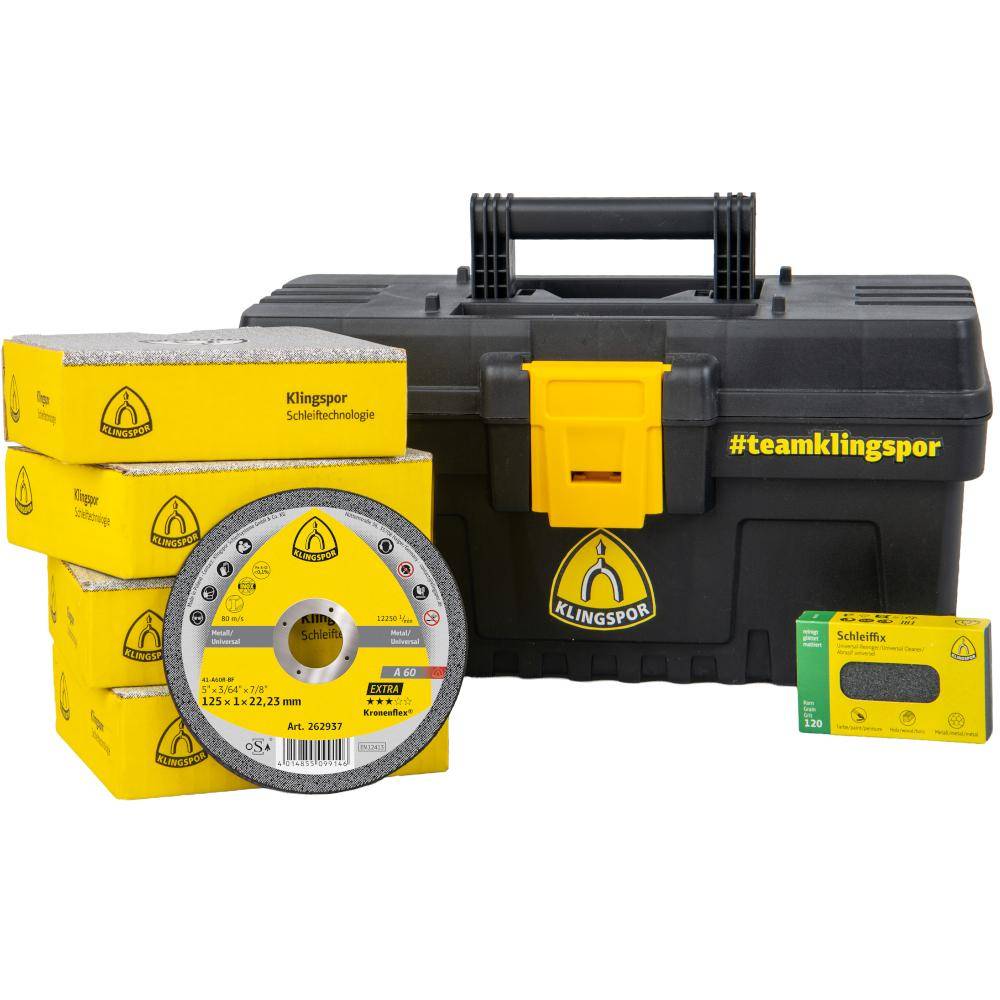 klingspor Kronenflex A 60 EX Trennscheiben-Set für Metall Universal (125 x 1,0 x 22,23 mm) – 100 Stück in Werkzeugbox mit Schleiffix Korn 120