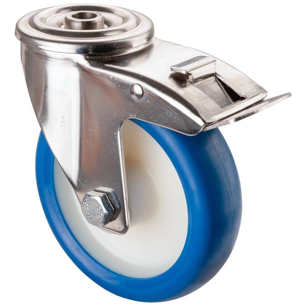 Ein blau-weißes Lenkrolle mit Metallhalterung und oberer Befestigungsplatte, isoliert auf weißem Hintergrund dargestellt.