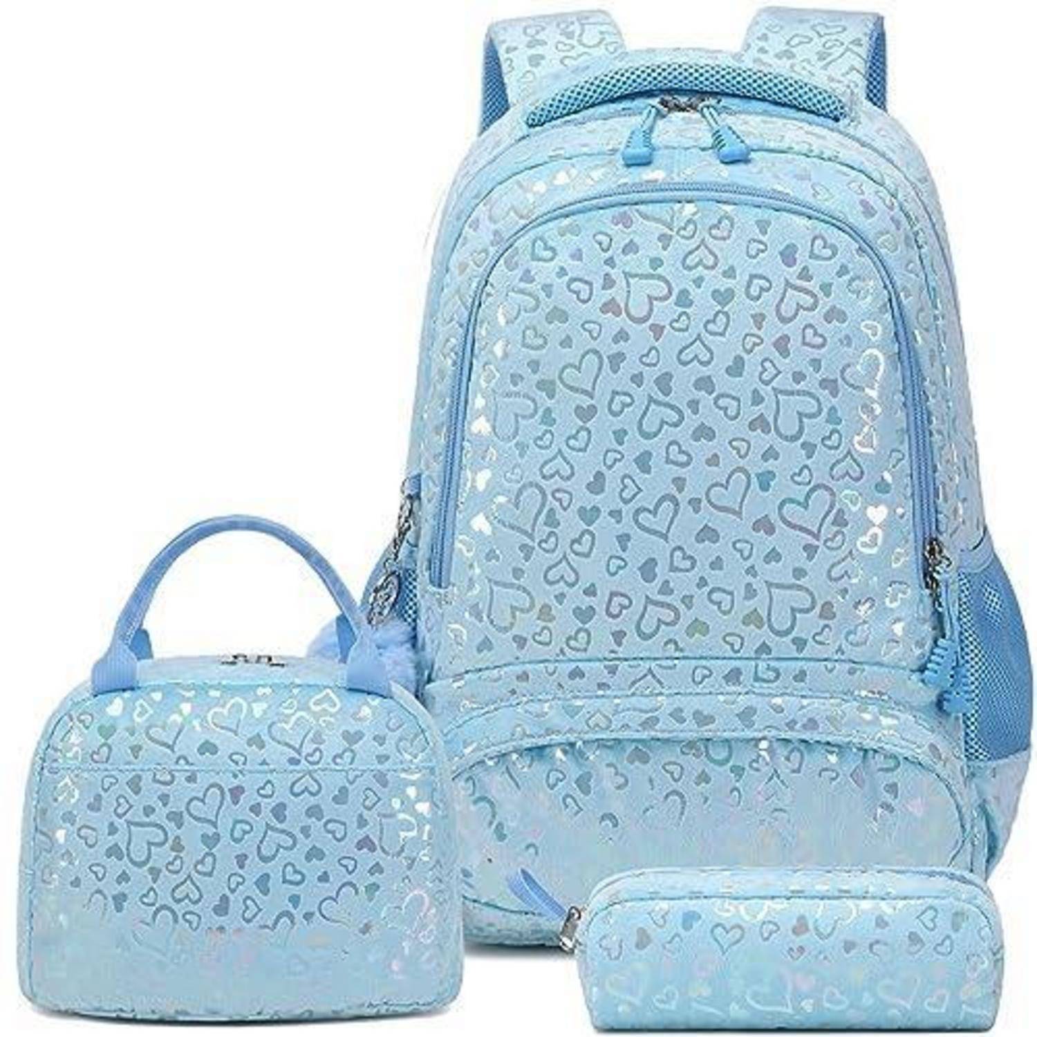 Hellblauer Rucksack mit Herzenmuster mit passender Lunchbox und Federtasche, dargestellt als Schulset.