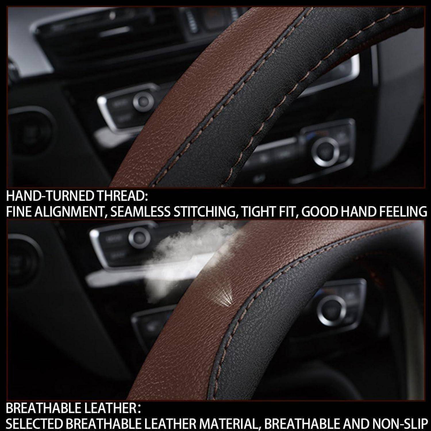 Nahaufnahme eines mit Leder umwickelten Autolenkrads mit handgenähtem braunem und schwarzem Leder, mit Text, das die feinen Nähte und das atmungsaktive, rutschfeste Material hervorhebt.