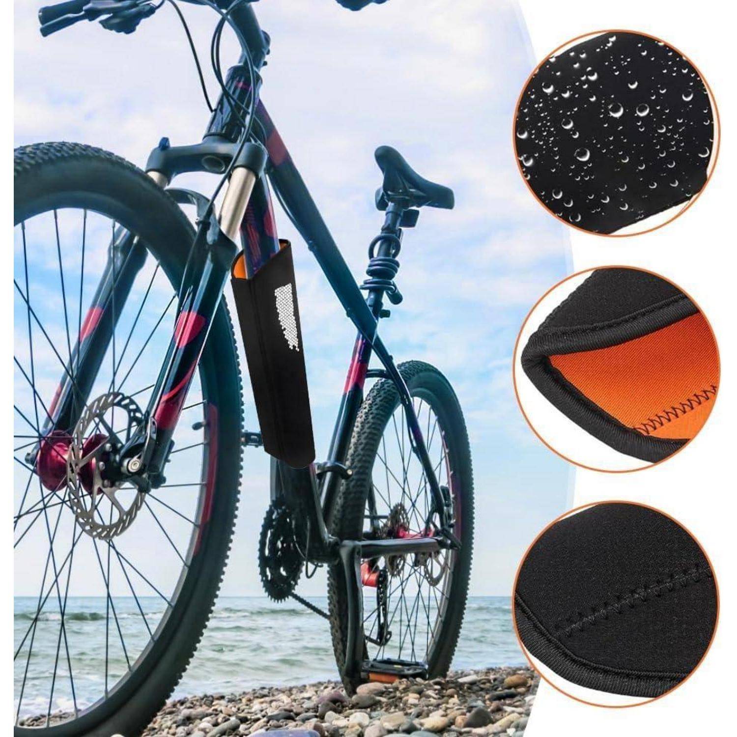 Elektrofahrrad an einem felsigen Strand mit Nahaufnahmen, die wasserfeste, genähte Stoffdetails auf der Rahmenabdeckung und dem Sattel zeigen.