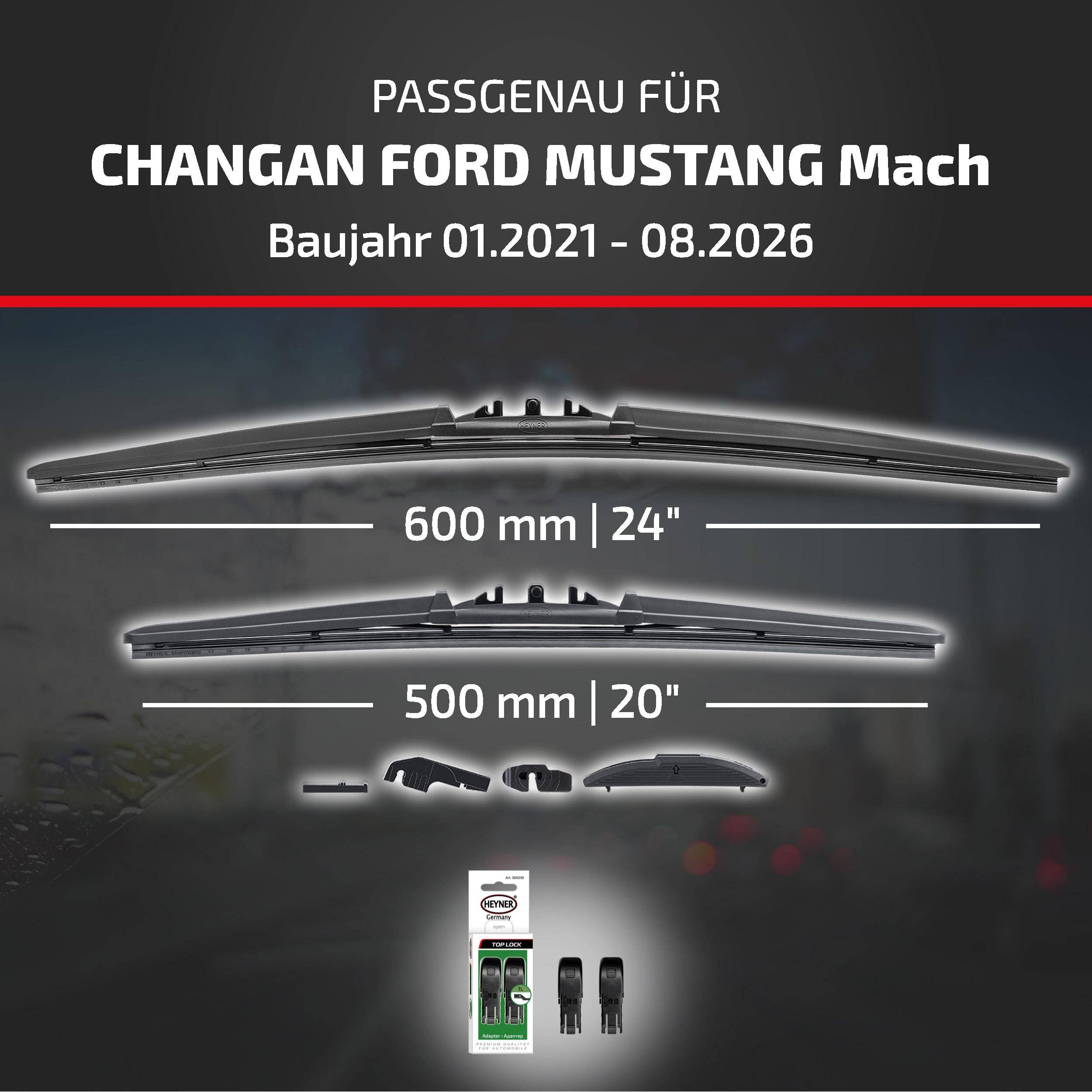 Grafik zur Wischblatt-Passform für Changan Ford Mustang Mach, Modelljahre 01.2021-08.2026, mit Größen von 600 mm (24