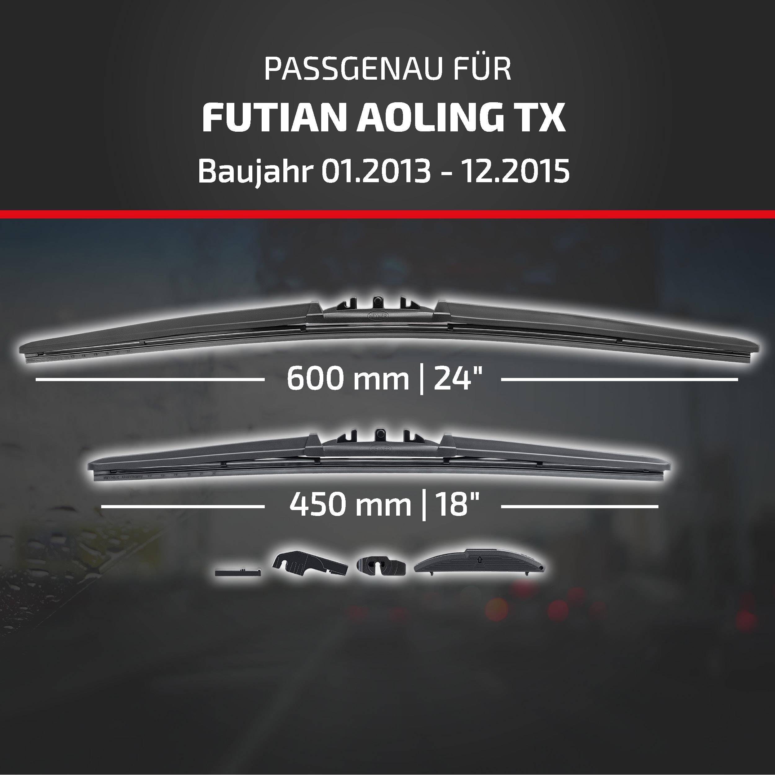 Kompatibilitätsgrafik für Futian Aoling TX Baujahr 01/2013-12/2015, zeigt Wischerblattgrößen 600 mm (24