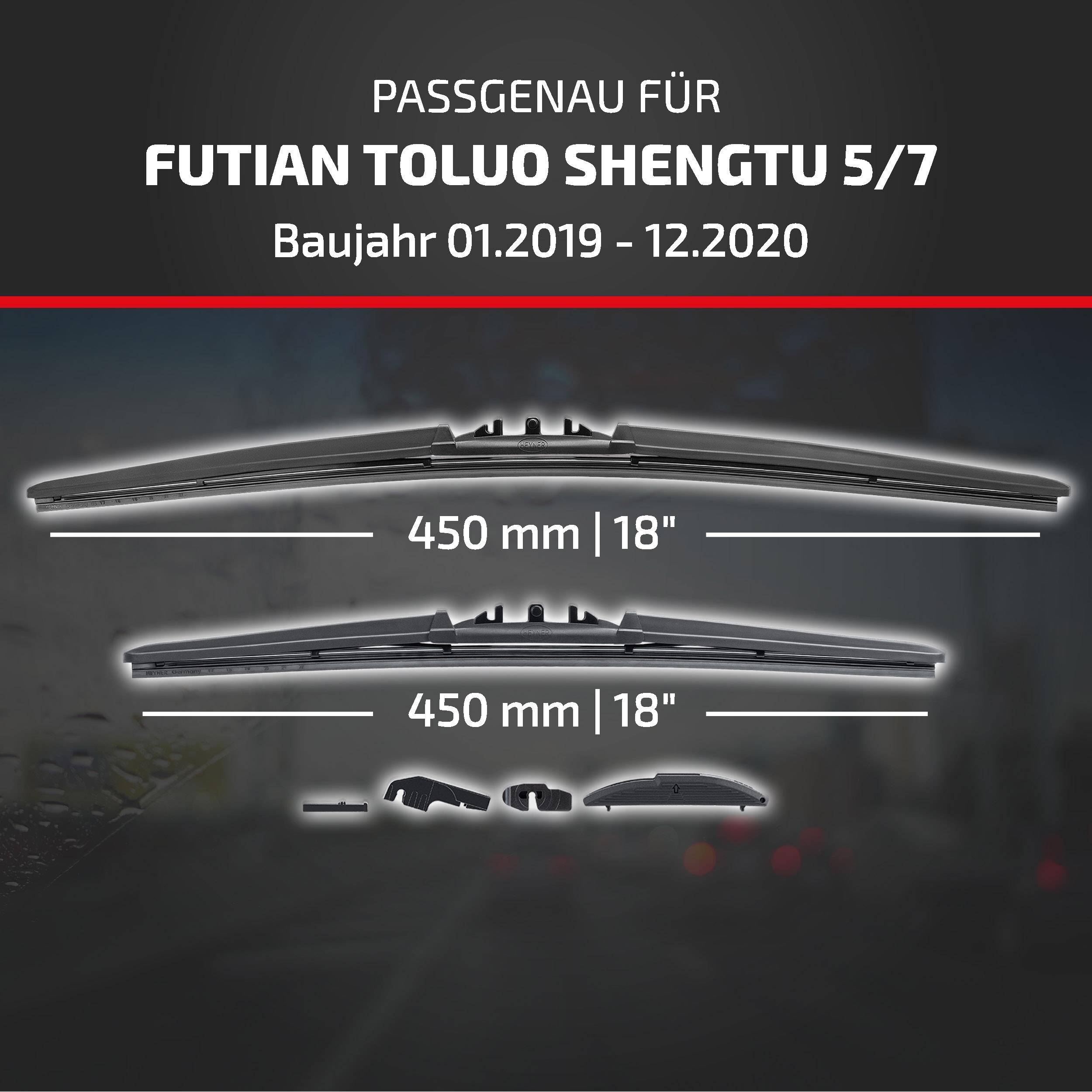 Grafik zeigt die Kompatibilität von Scheibenwischern für Futan Toluo Shengtu 5/7, gebaut 01.2019-12.2020, mit 450 mm (18