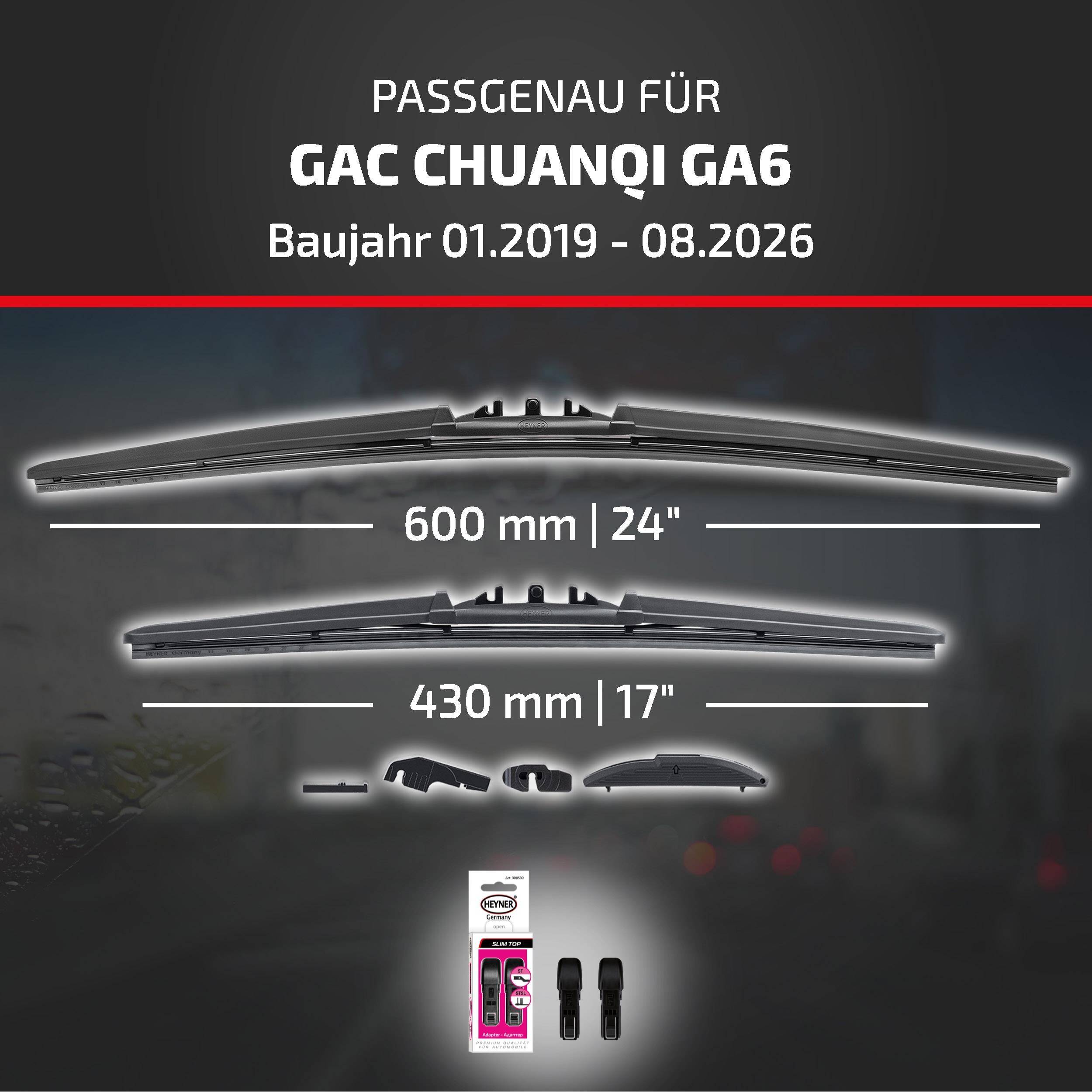 Kompatibilitätsgrafik für GAC Chuanqi GA6 (Modelljahre 01.2019-08.2026) mit zwei Scheibenwischergröße: 600 mm (24