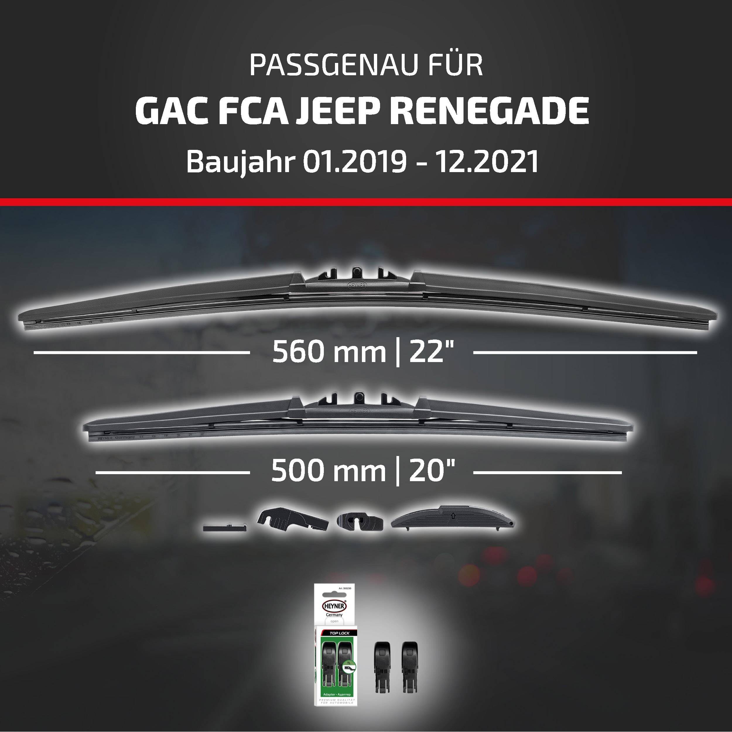 Kompatibilitätsgrafik für GAC FCA Jeep Renegade, Modelljahre 01.2019-12.2021, mit zwei Scheibenwischergröße: 560 mm (22