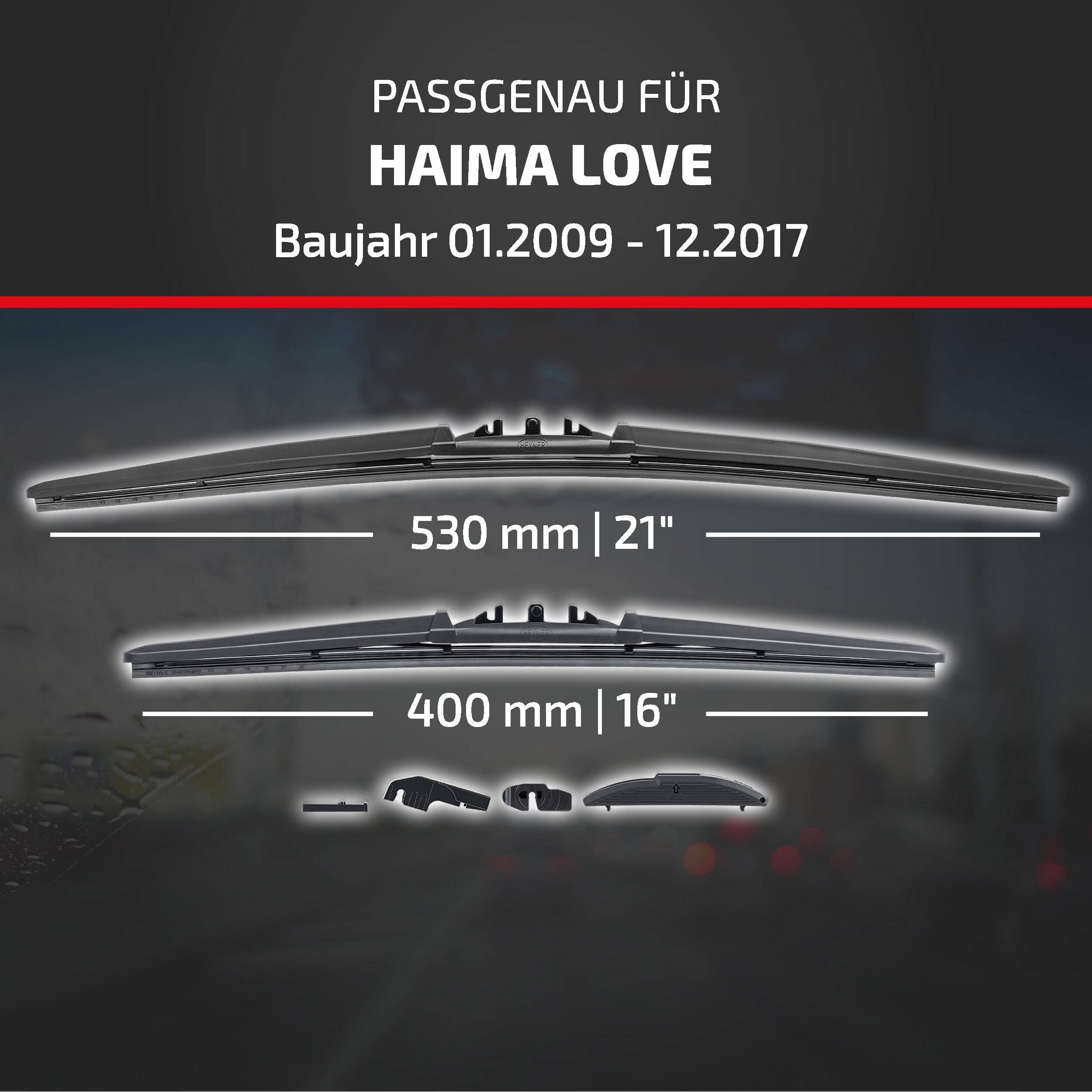 Grafik zur Wischblattkombibilität für Haima Love, Modelljahre 01.2009–12.2017, mit Größen 530 mm (21