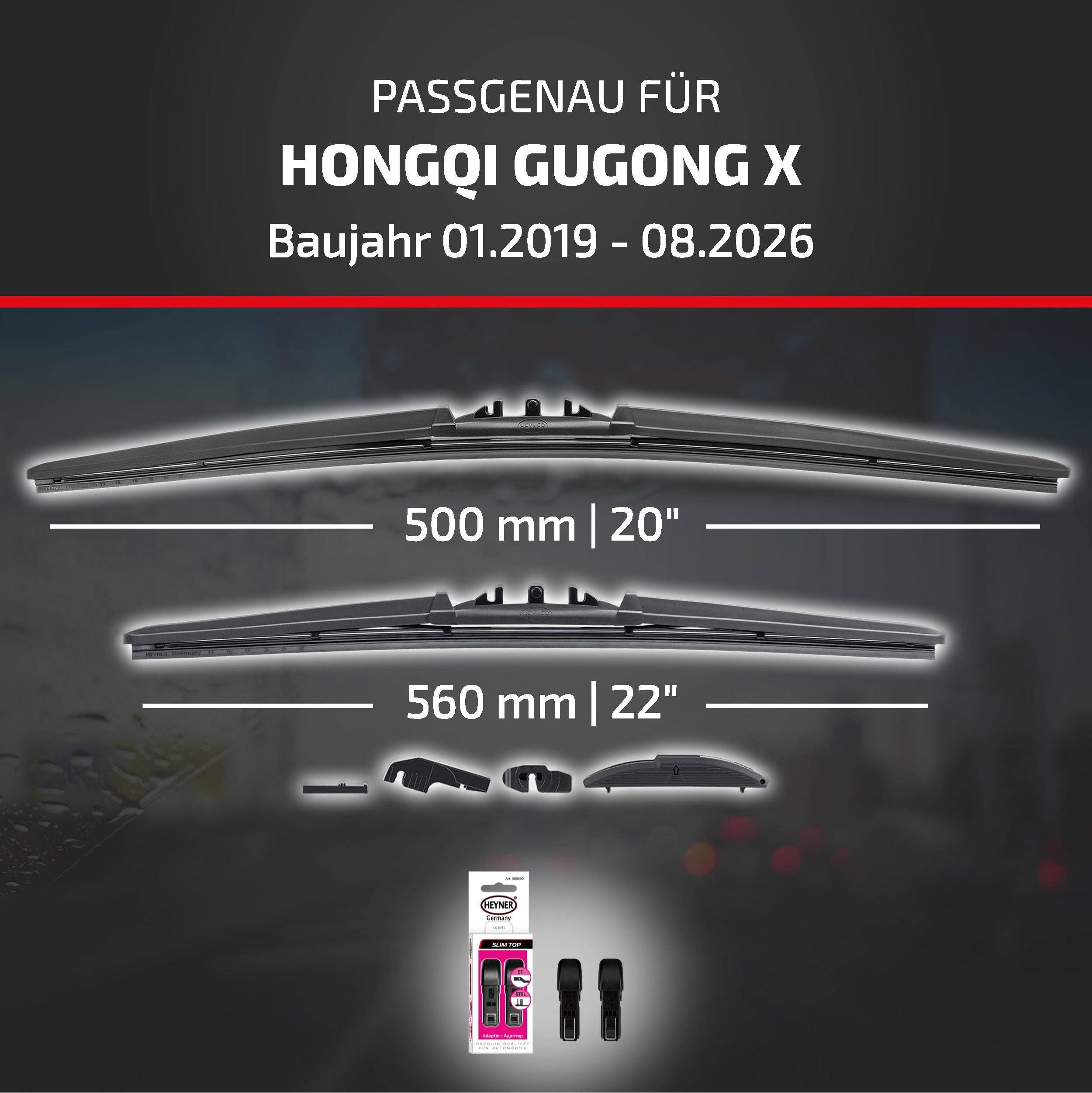 Kompatibilitätsgrafik für HONGQI GUGONG X: Wischblätter passen zu Modelljahren 01.2019-08.2026, Größen 500 mm (20) und 560 mm (22), mit abgebildetem Adapterset.