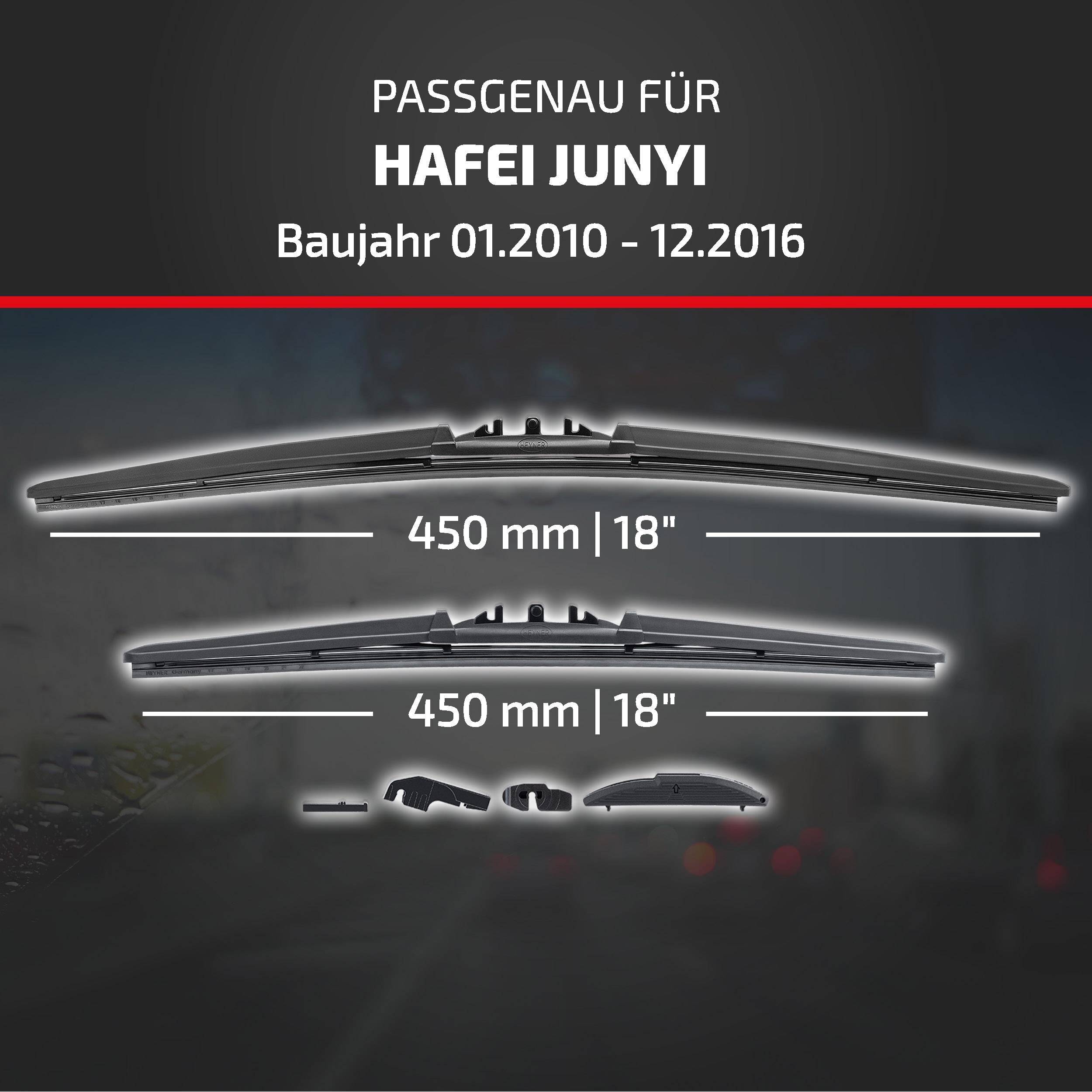 Produktgrafik mit Scheibenwischblättern, kompatibel mit Hafei Junyi, Modelljahre 01.2010–12.2016, Größe 450 mm (18