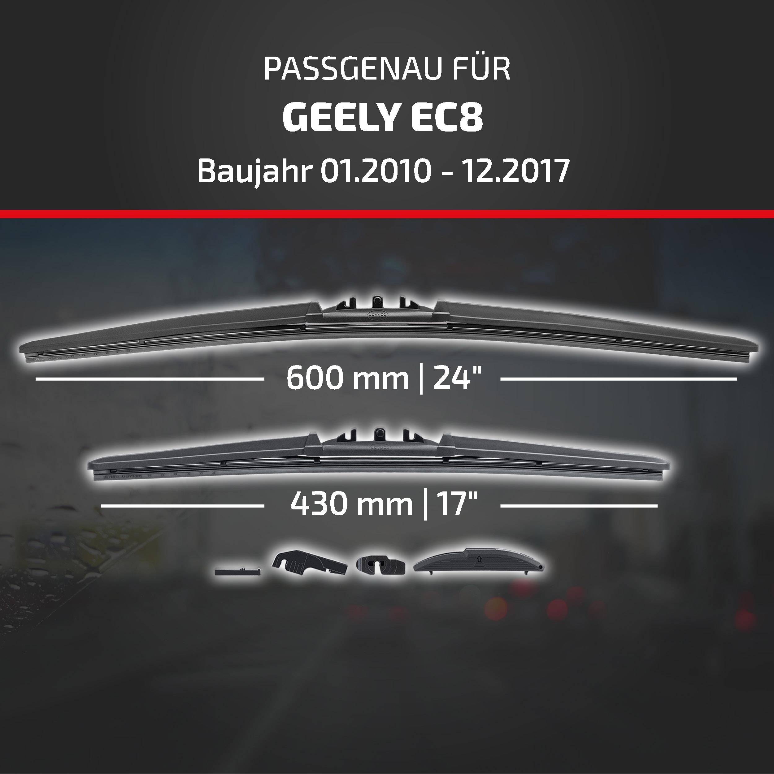 Kompatibilitätsgrafik für Geely EC8, Modelljahre 01.2010-12.2017, zeigt Scheibenwischer-Größen: 600 mm (24