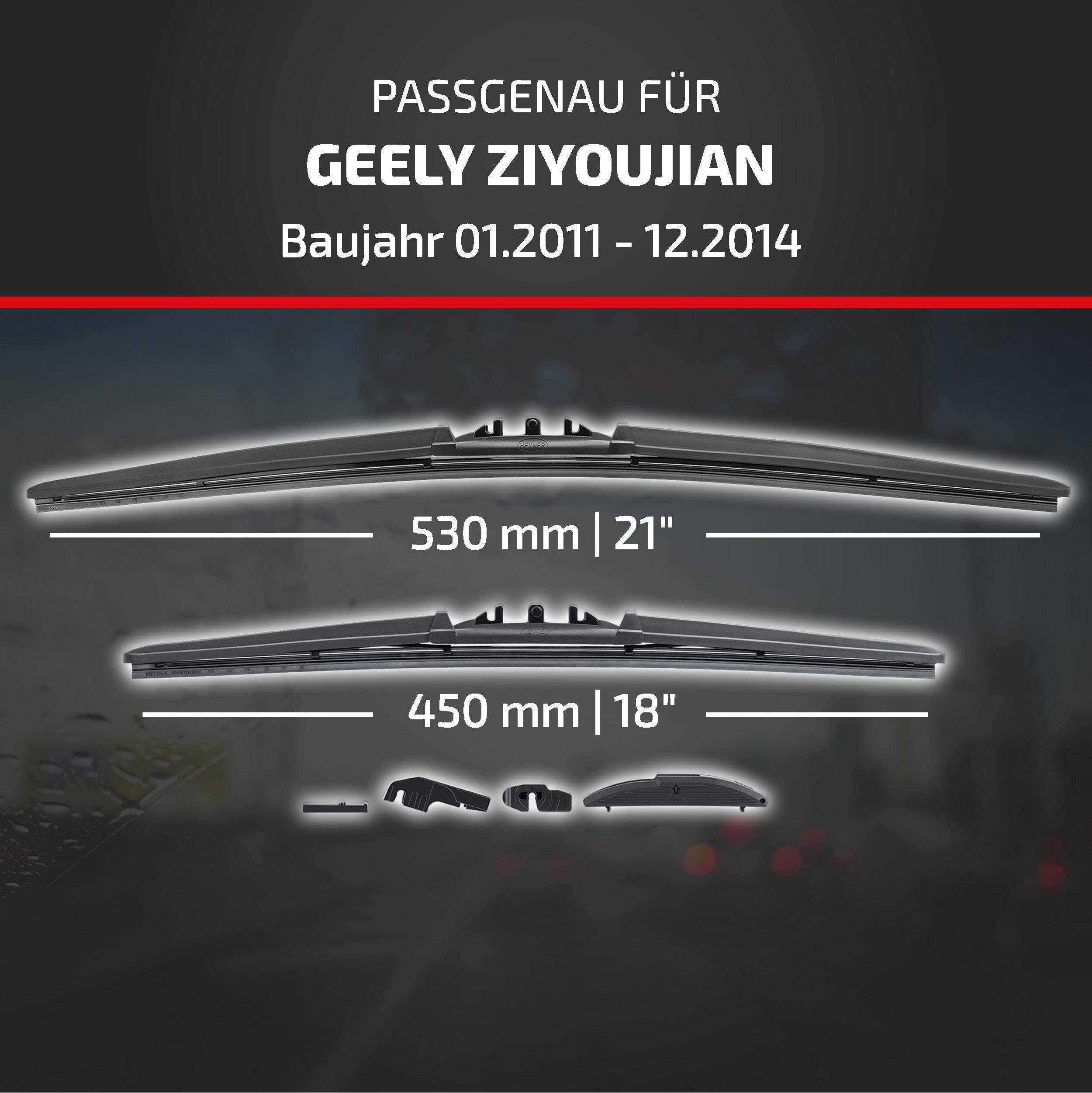 Produktbild zeigt Scheibenwischerblätter kompatibel mit Geely Ziyoujian, Modelljahre 01.2011–12.2014, in den Größen 530 mm (21
