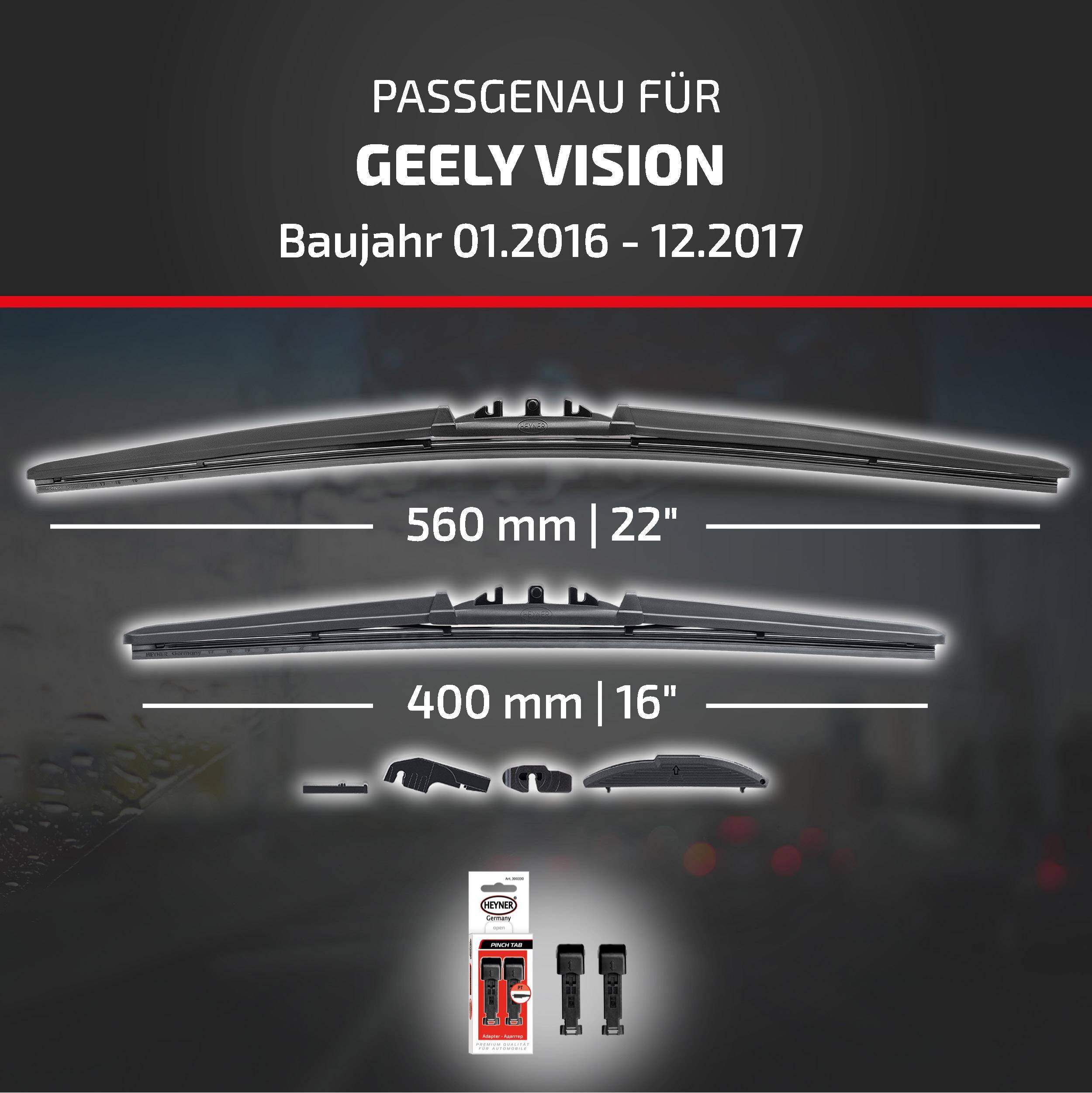 Kompatibilitätsgrafik für Geely Vision, Modelljahre 01.2016-12.2017, zeigt empfohlene Scheibenwischergröße: 560 mm (22
