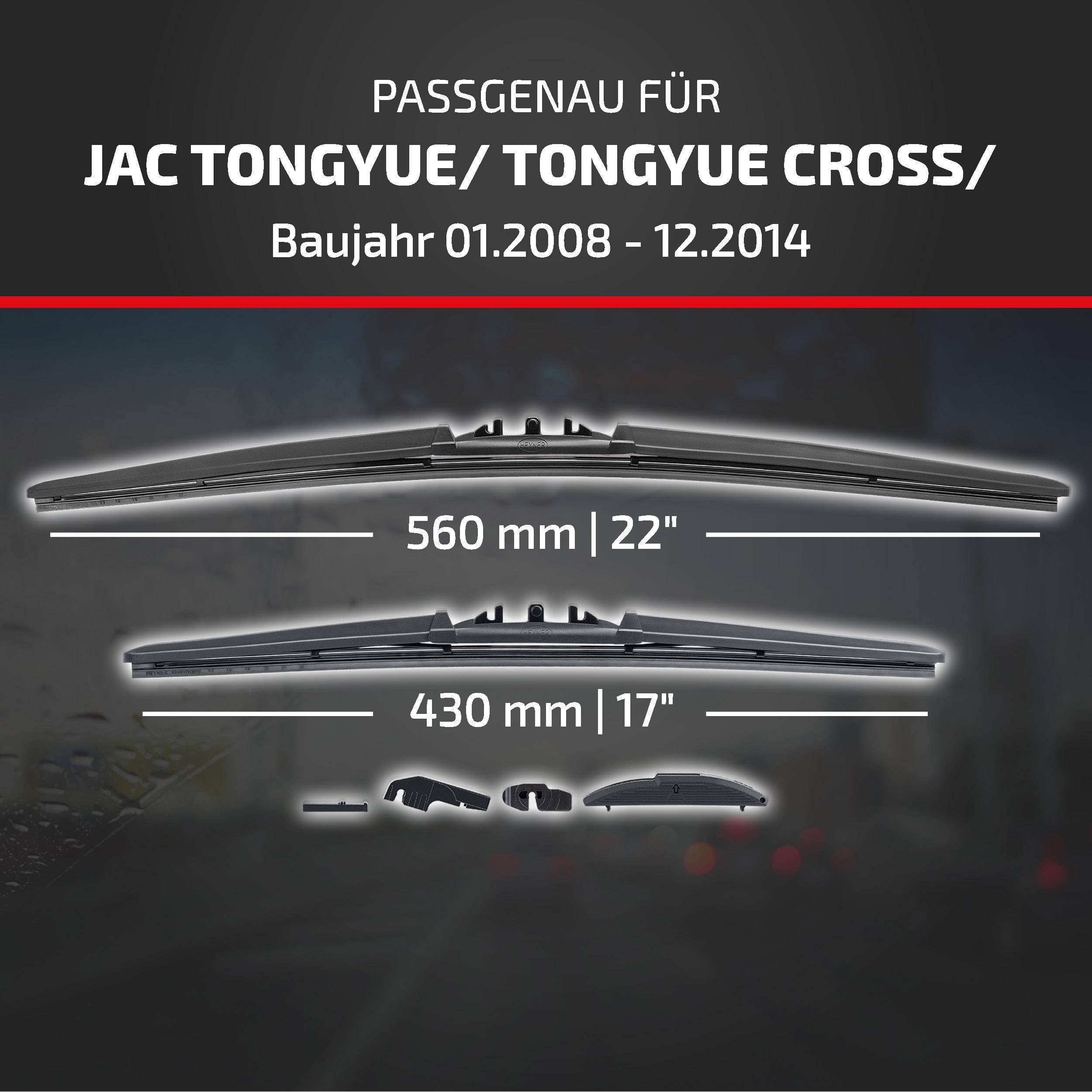 Kompatibilitätsgrafik für JAC Tongyue/Tongyue Cross-Modelle, Baujahr 01.2008–12.2014, zeigt Scheibenwischergröße: 560 mm (22