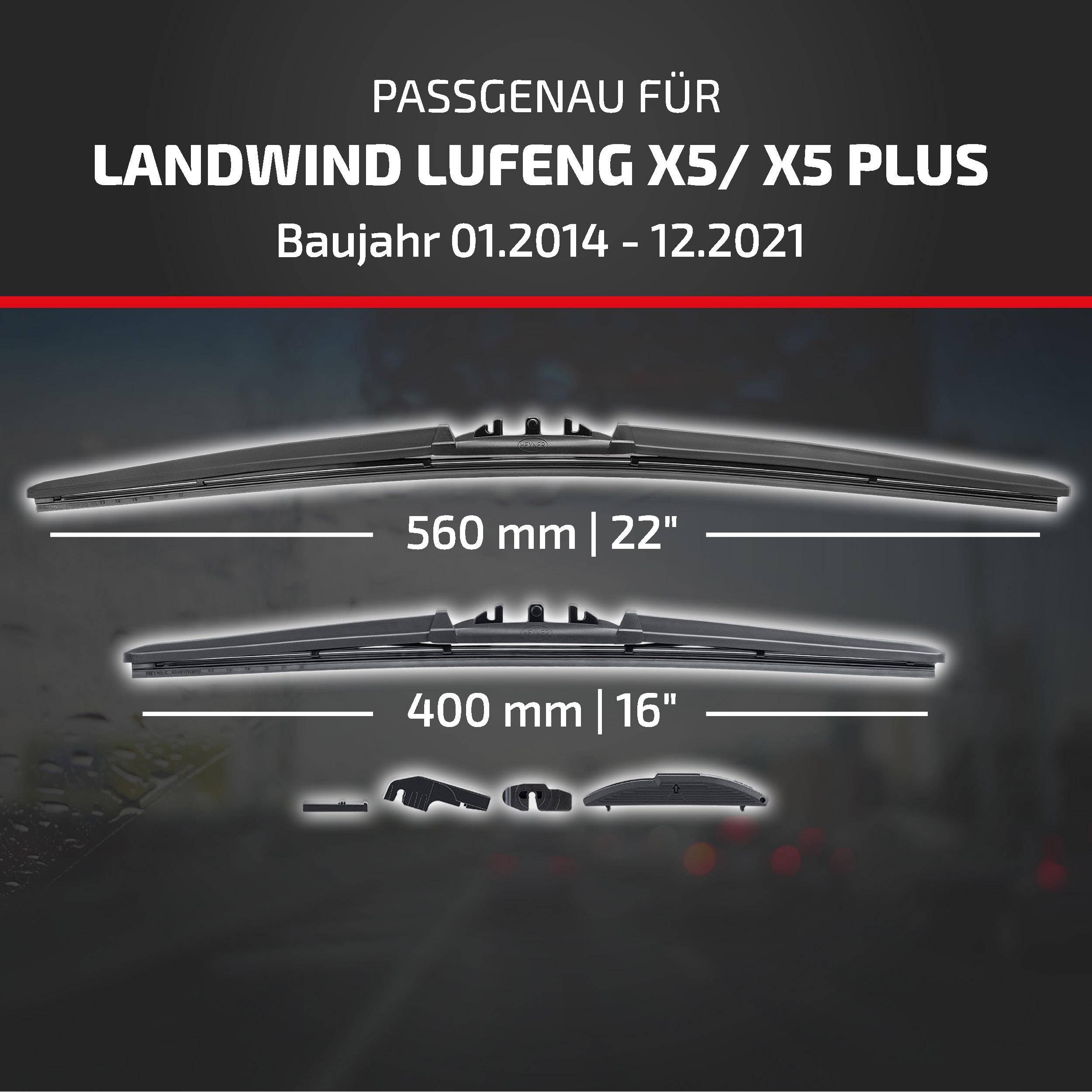 Kompatibilitätsgrafik für Landwind Lufeng X5/X5 Plus, Modelljahre 01.2014-12.2021, zeigt erforderliche Wischergröße: 560 mm (22