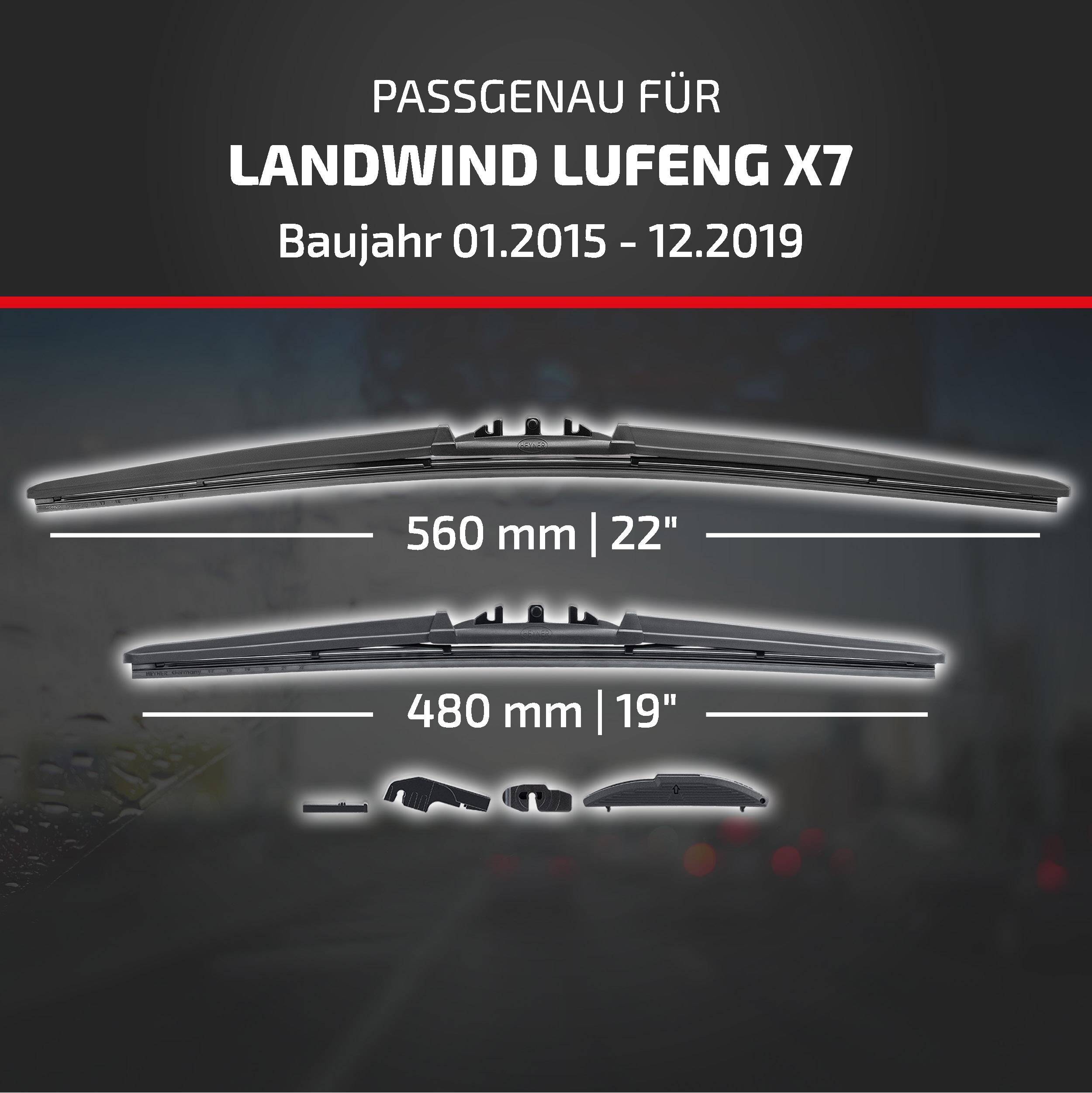 Die Anzeige besagt kompatibel mit Landwind Lufeng X7, Modelljahre 01.2015–12.2019, mit Wischerblattgrößen von 560 mm (22