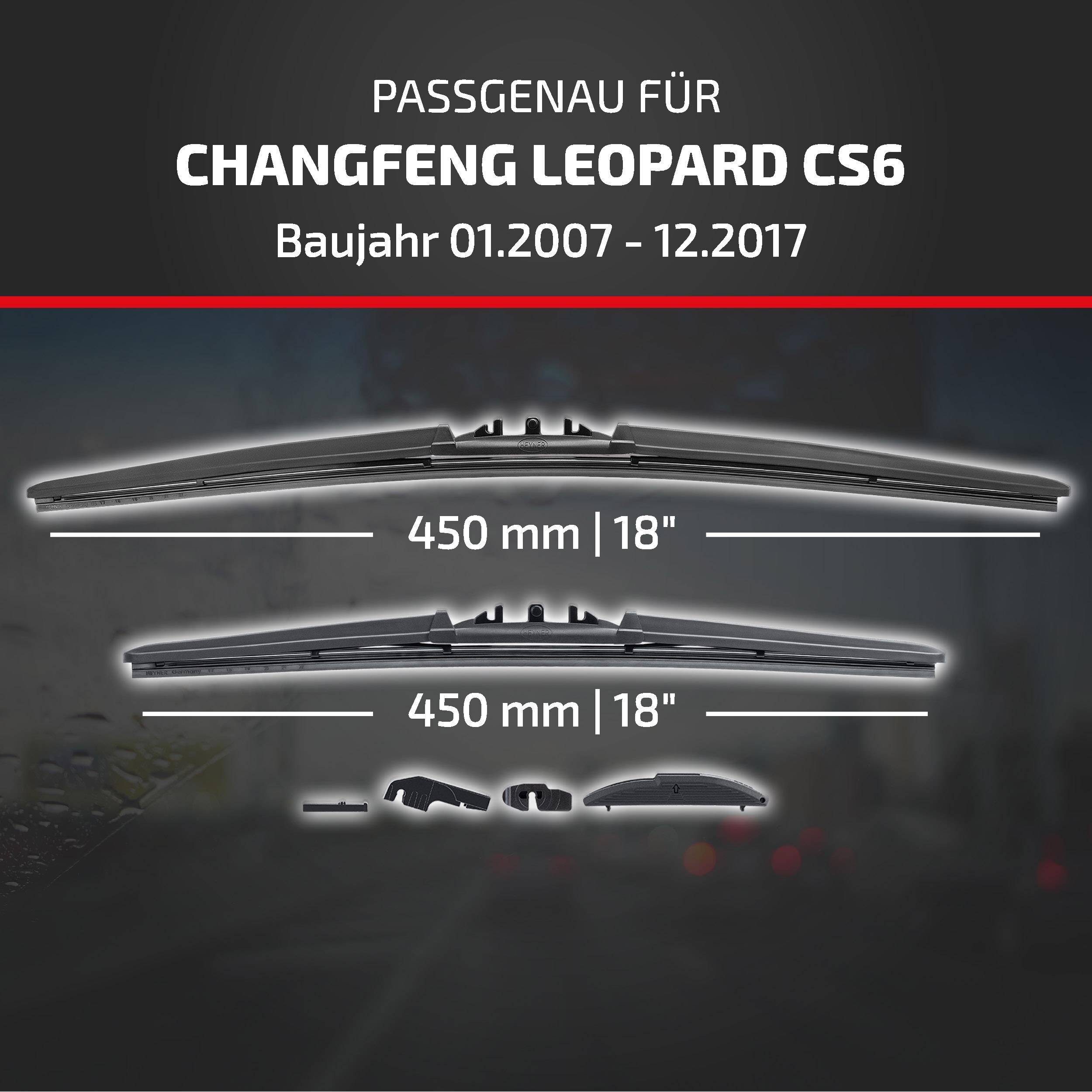 Grafik zur Kompatibilität von Scheibenwischern für Changan Leopard CS6, Modelljahre 01.2007-12.2017, mit zwei 450-mm-Blättern (18 Zoll) und Adapterteilen.