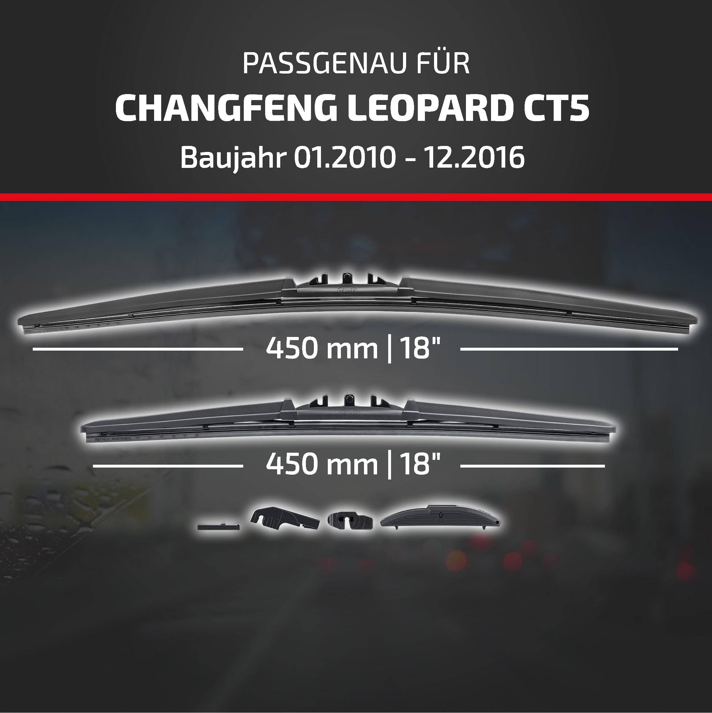 Werbegrafik mit zwei Scheibenwischblättern mit der Beschriftung „PASSGENAU FÜR CHANGFENG LEOPARD CT5, Baujahr 01.2010 - 12.2016