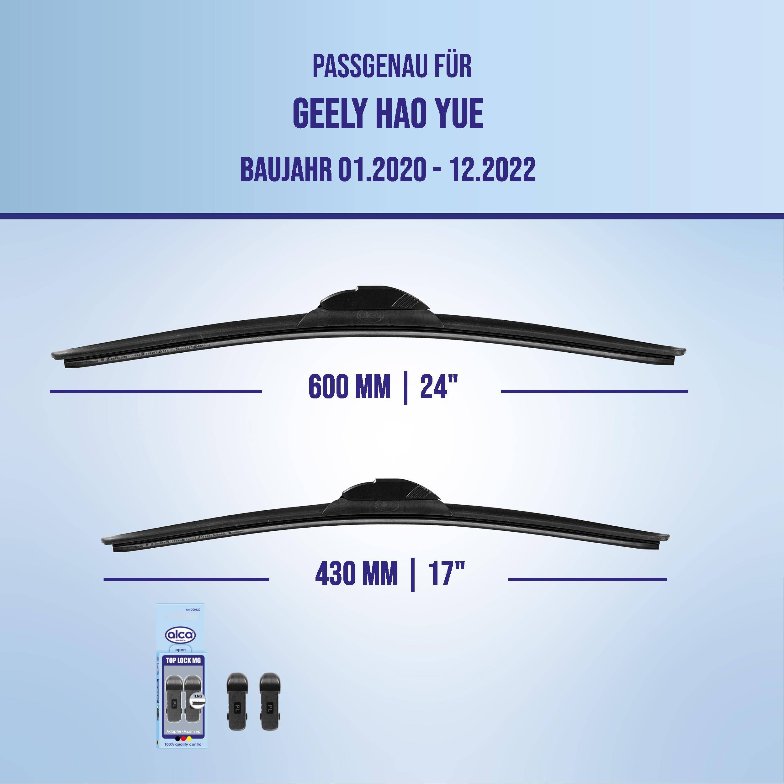 # Wischblattkompabilität-Diagramm für Geely Hao Yue, Modelljahre 01.2020-12.2022, zeigt 600 mm (24