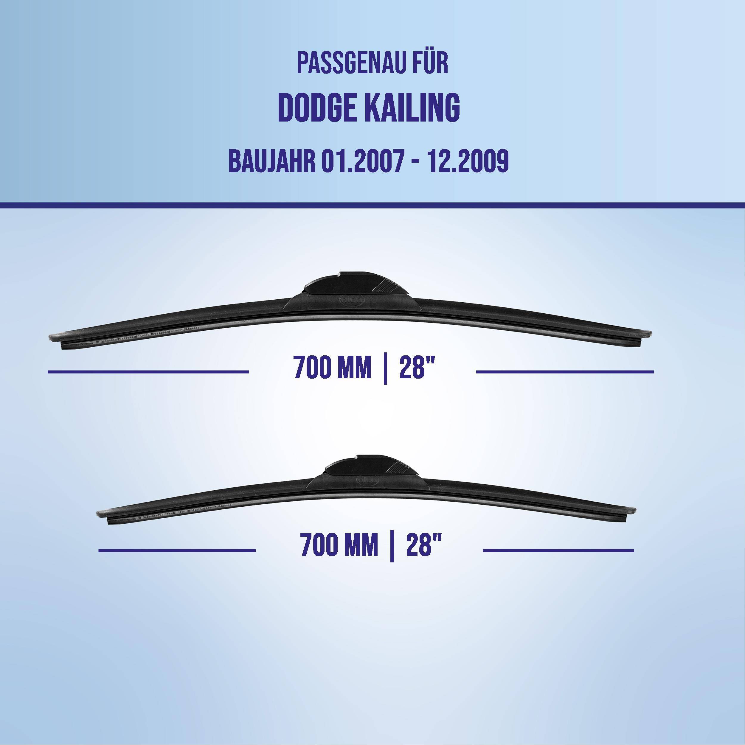 Grafik mit Scheibenwischer-Montage für Dodge Kallin, Modelljahre 01.2007-12.2009, mit zwei Wischern mit Beschriftung 700 mm | 28