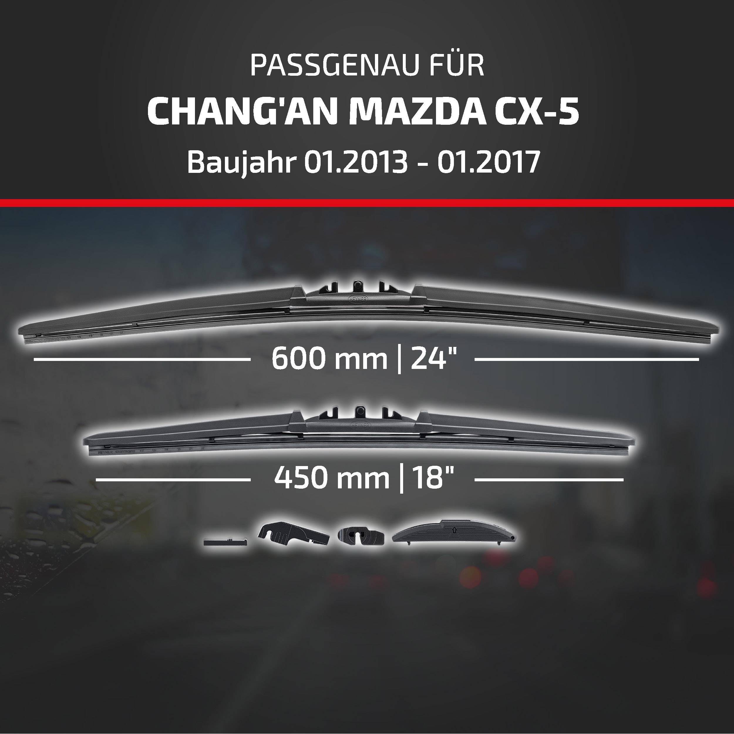 Produktgrafik mit Wischblättern für Chang'an Mazda CX-5, Modelljahre 01.2013-01.2017, mit Größen 600 mm (24