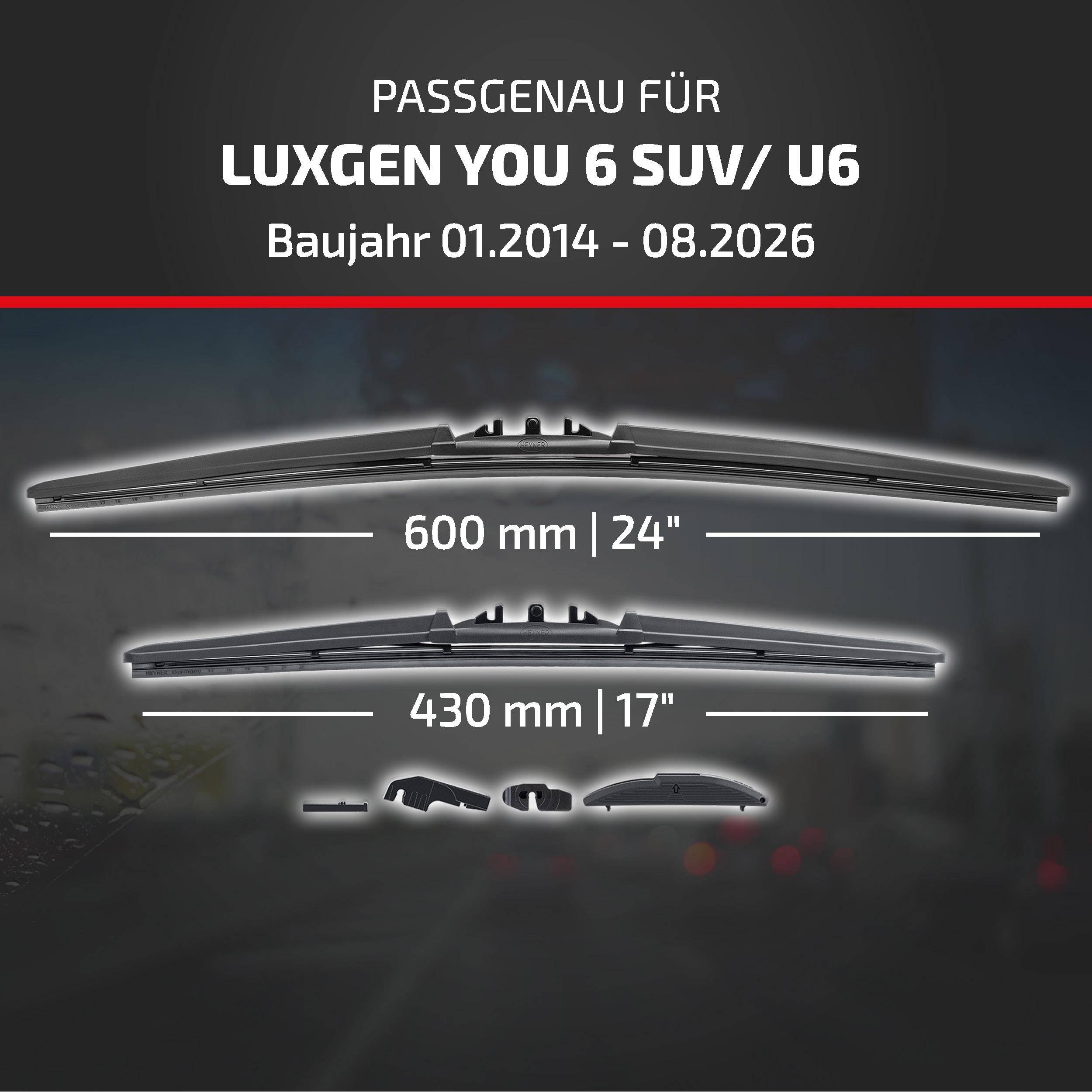 Grafik mit Scheibenwischergrößen kompatibel mit „LUXGEN YOU 6 SUV/U6
