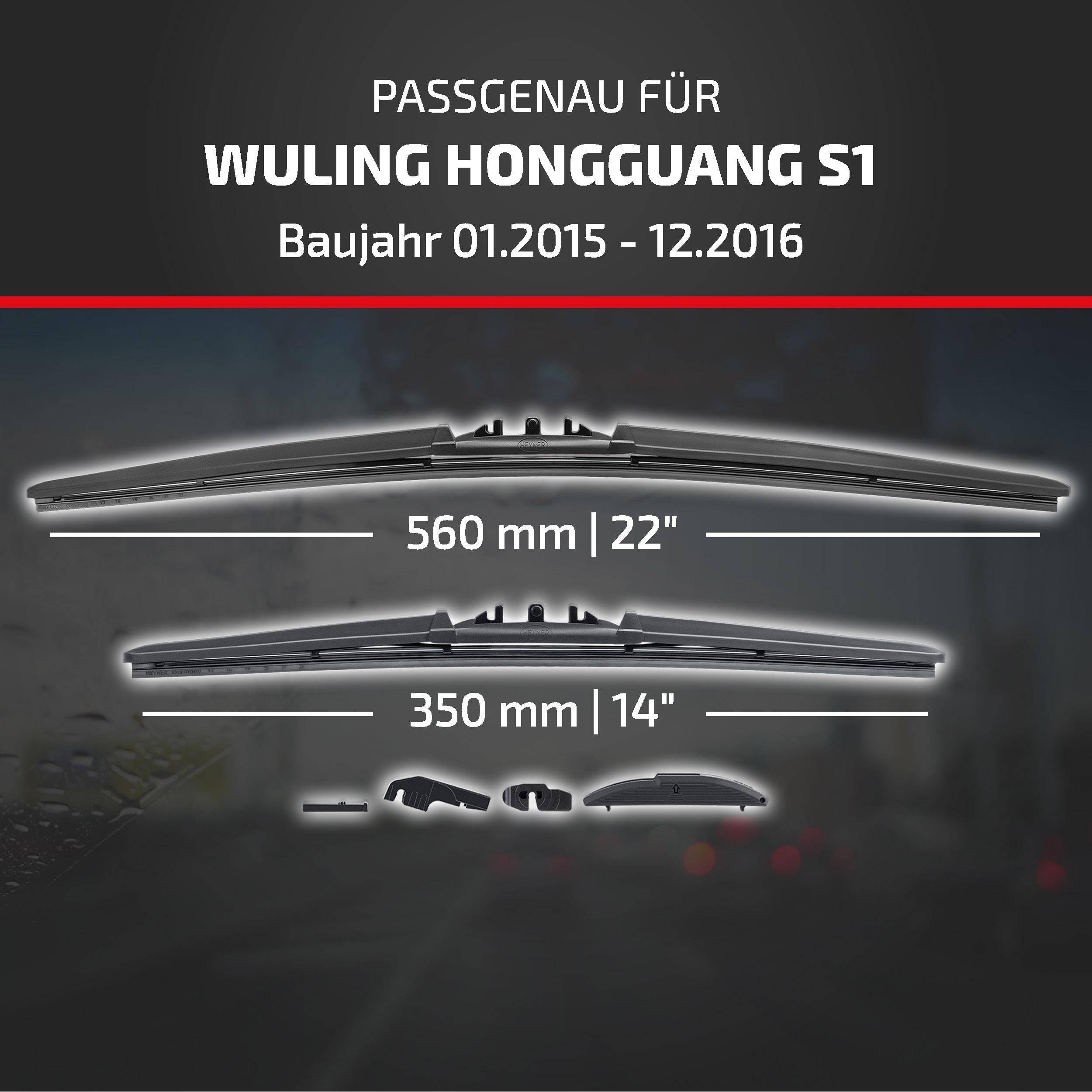 Die Anzeige zeigt Scheibenwischer, die auf den Wuling Hongguang S1, Modelljahre 01.2015-12.2016, passen; Größen 560 mm (22