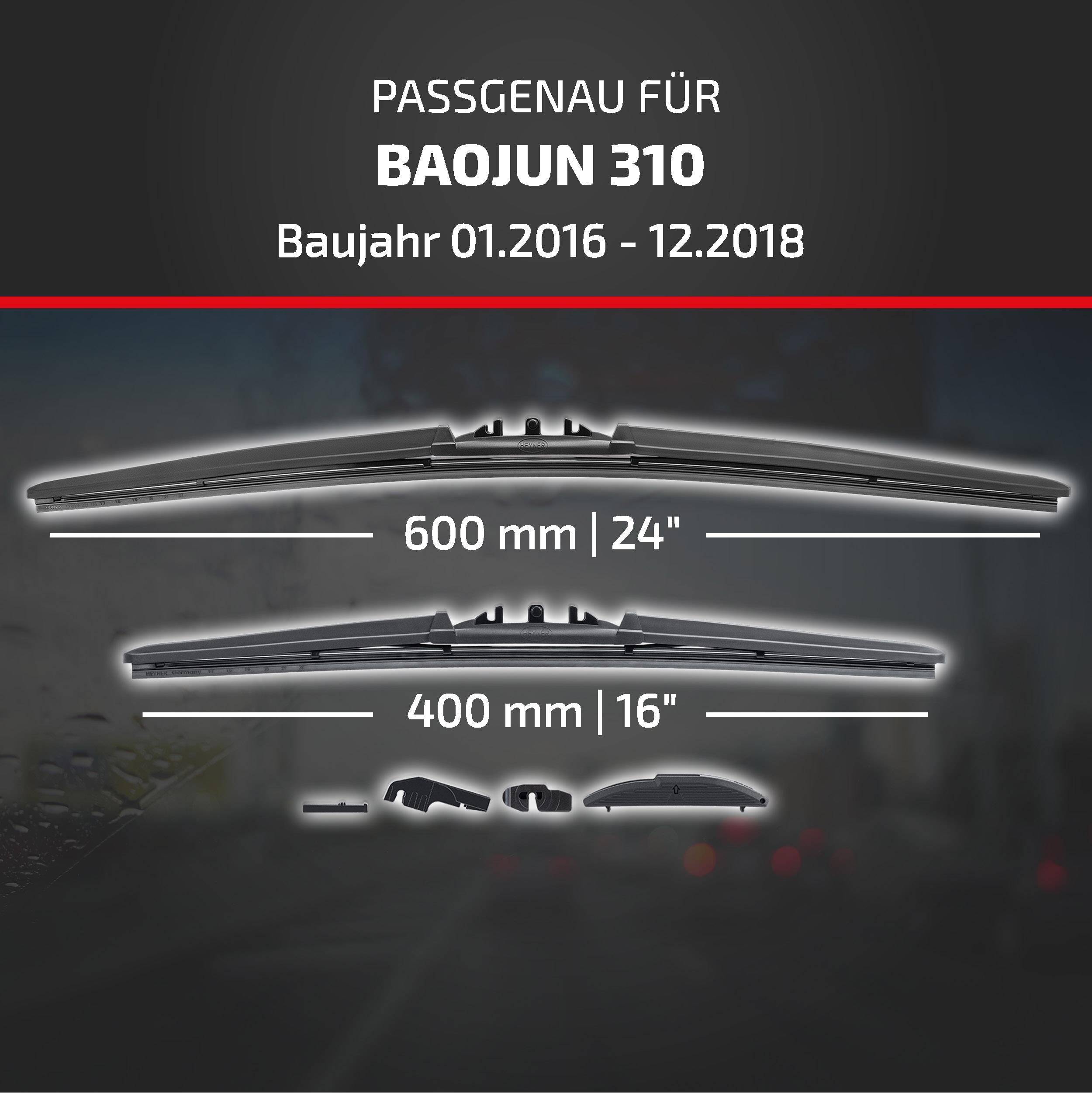 Scheibenwischer kompatibel mit Baojun 310, Modelljahre 01.2016-12.2018, in den Größen 600 mm und 400 mm.