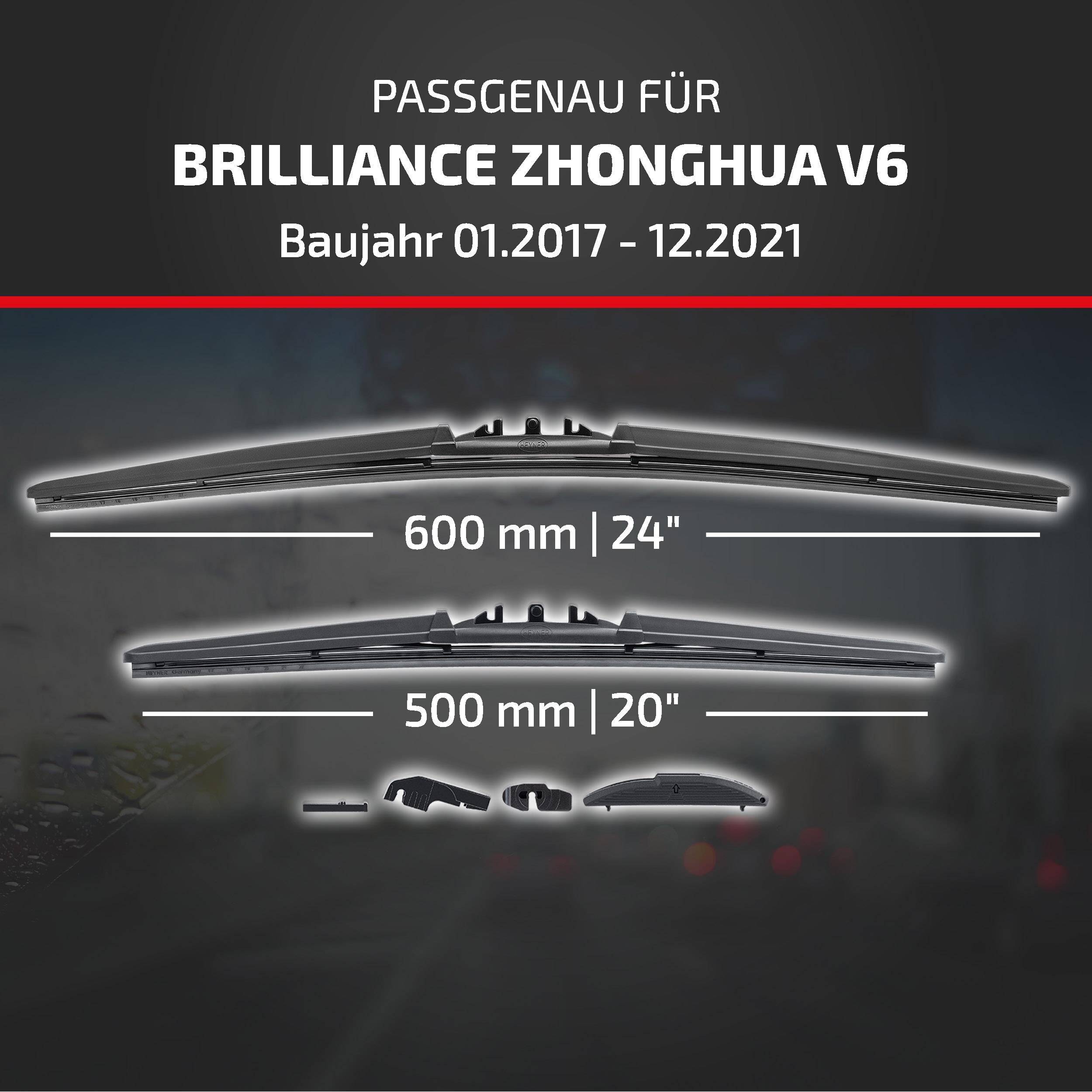 Grafik zur Kompatibilität von Scheibenwischern für Brilliance Zhonghua V6, Modelljahre 01/2017-12/2021, zeigt Scheibenwischergröße 600 mm (24