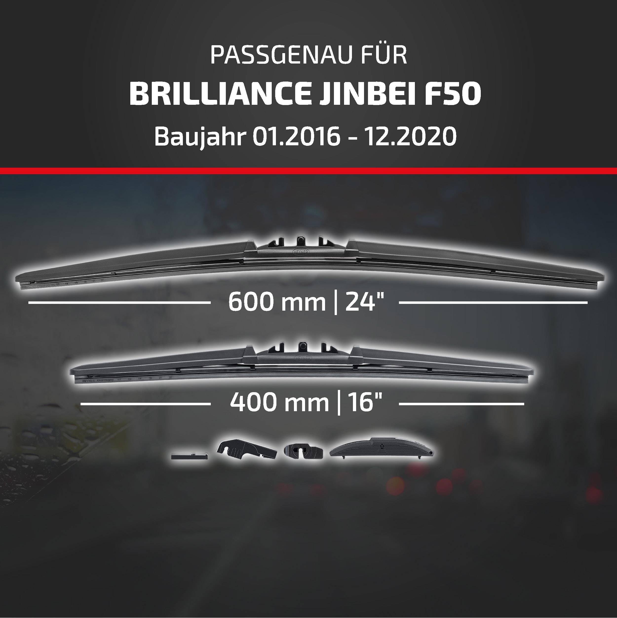 Kompatibilitätsgrafik für Brilliance Jinbei F50, Modelljahre 01.2016-12.2020, mit Wischerblattgrößen 600 mm (24) und 400 mm (16) sowie Adaptereilen.